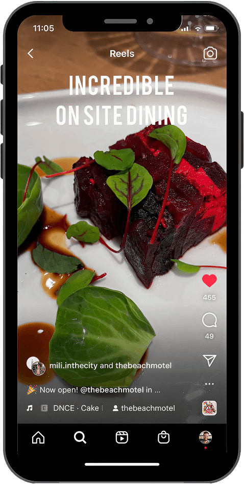 A smartphone screen displaying a close-up of a gourmet dish with vibrant red beet layers, fresh greens, and artful sauce drizzles. The overlay text reads “INCREDIBLE ON SITE DINING,” emphasizing fine dining at the motel.