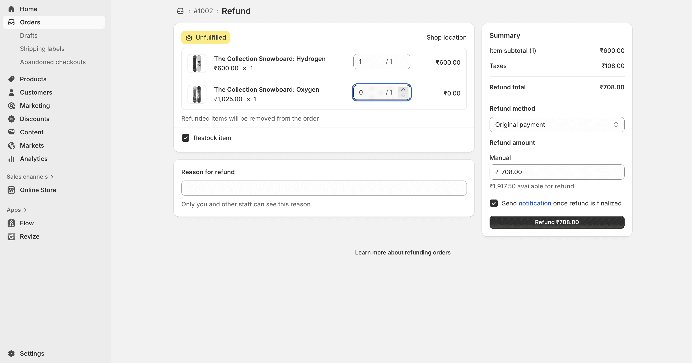 Shopify Order Admin Refund Section