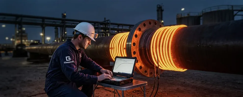 Glospech technician monitoring thermocouple temperature soak curve on laptop during post-weld heat treatment of pipe flange at industrial facility, Gauteng