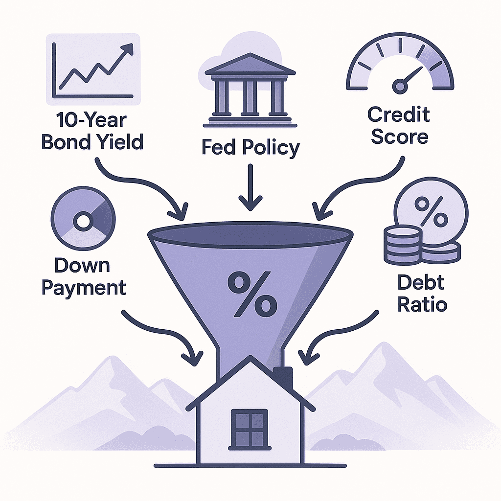 Funnel-style vector showing macro and personal factors merging into a single mortgage rate