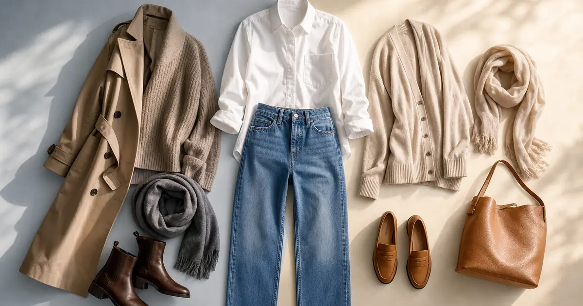 White shirt and jeans styled for cool weather with a trench, knit, and boots and for mild weather with a cardigan, scarf, and loafers