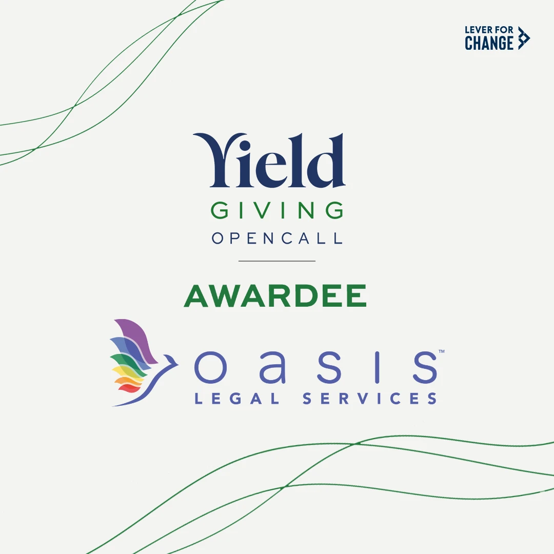 A imagem apresenta os logotipos de "Yield Giving Open Call Awardee" e "Oasis Legal Services", cercados por um design de linhas verdes fluidas sobre um fundo claro.