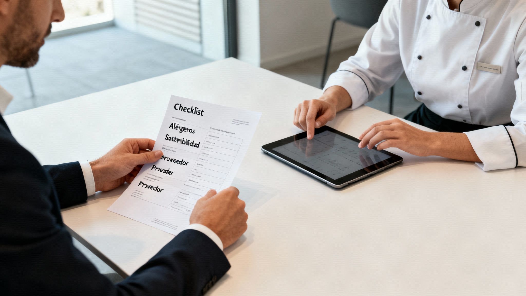 Un hombre revisa una checklist de alérgenos y sostenibilidad mientras una chef usa una tablet.
