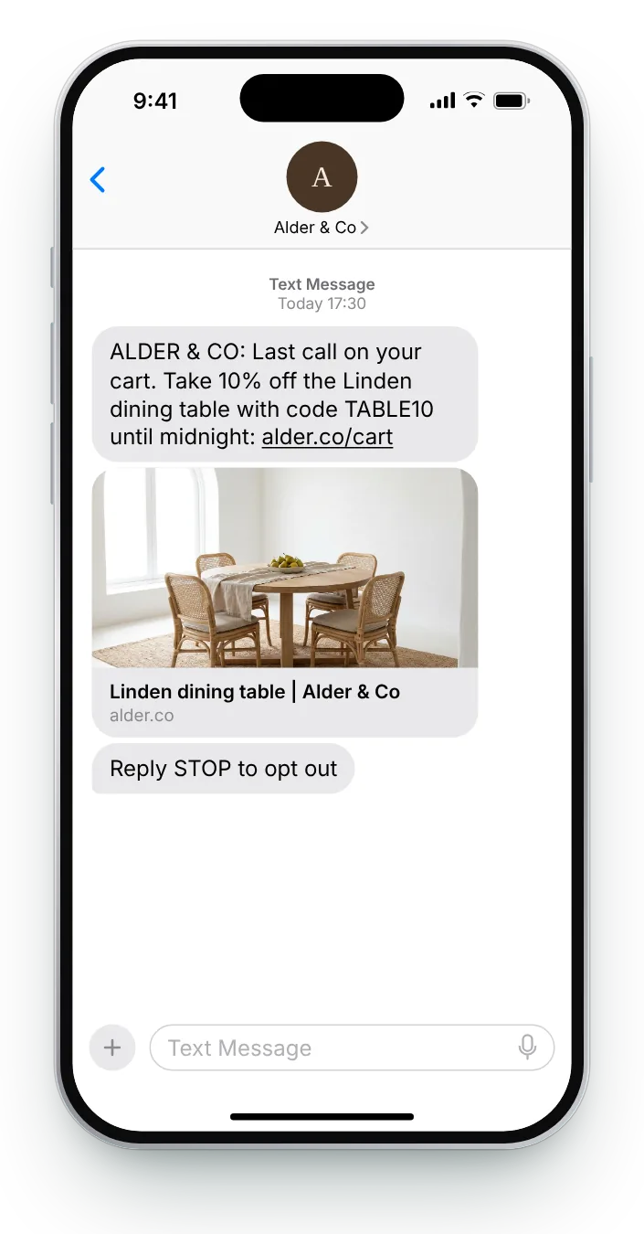 Last reminder with a code abandoned cart SMS on an iPhone