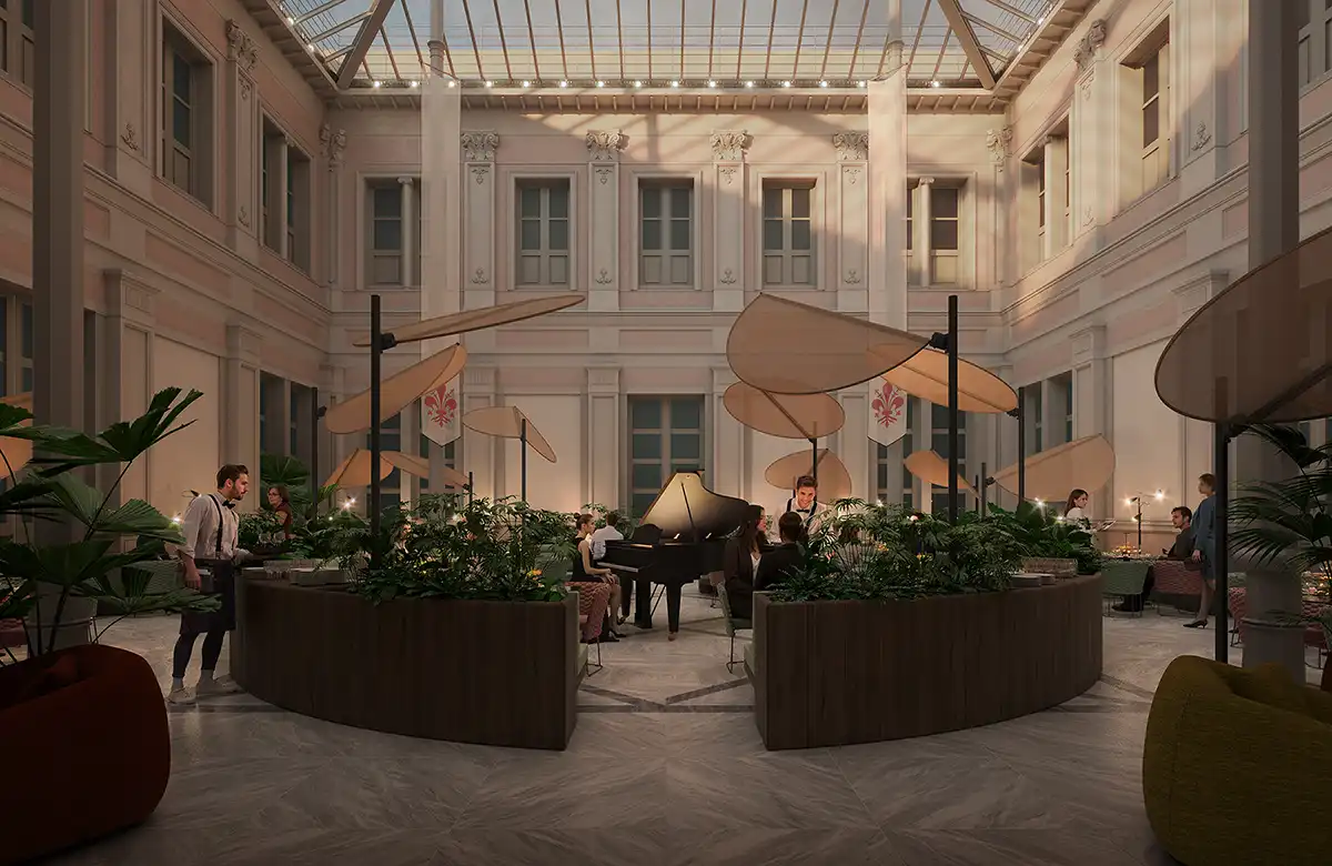 Elegant indoor courtyard lounge in a historic building with glass roof, grand piano, modern seating, and lush planters. Sophisticated hotel or restaurant atrium 3D rendering.