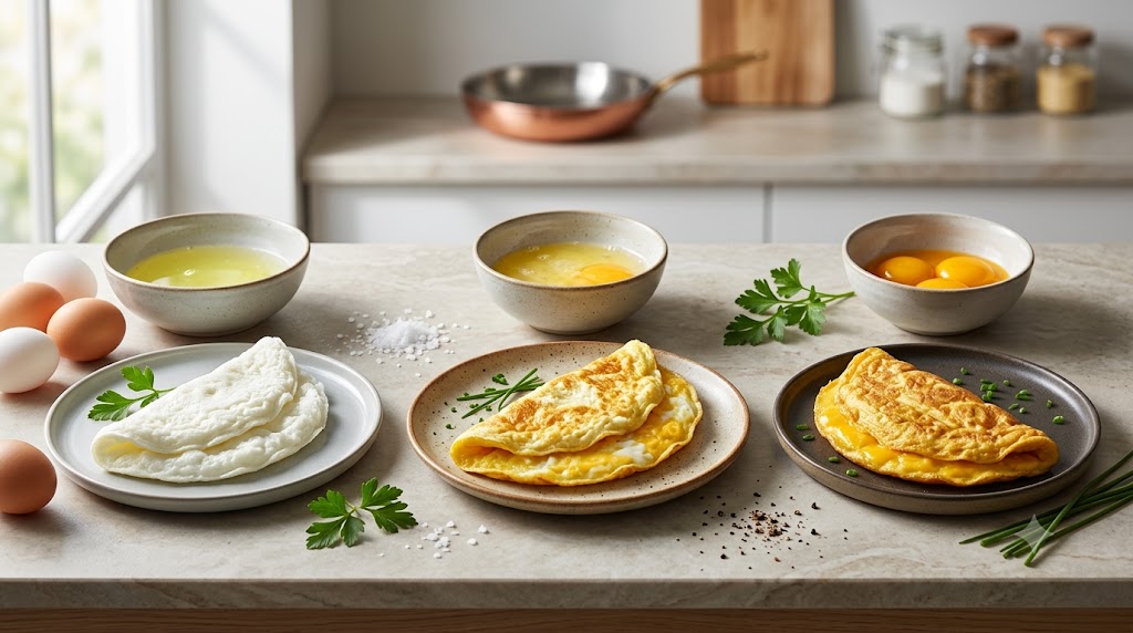 A high-angle photograph on a kitchen counter comparing the nutritional components of eggs. It features raw egg whites, a whole beaten egg, and separated egg yolks in bowls, alongside a folded pure egg white omelet, a standard omelet, and a whole egg omelet on plates.