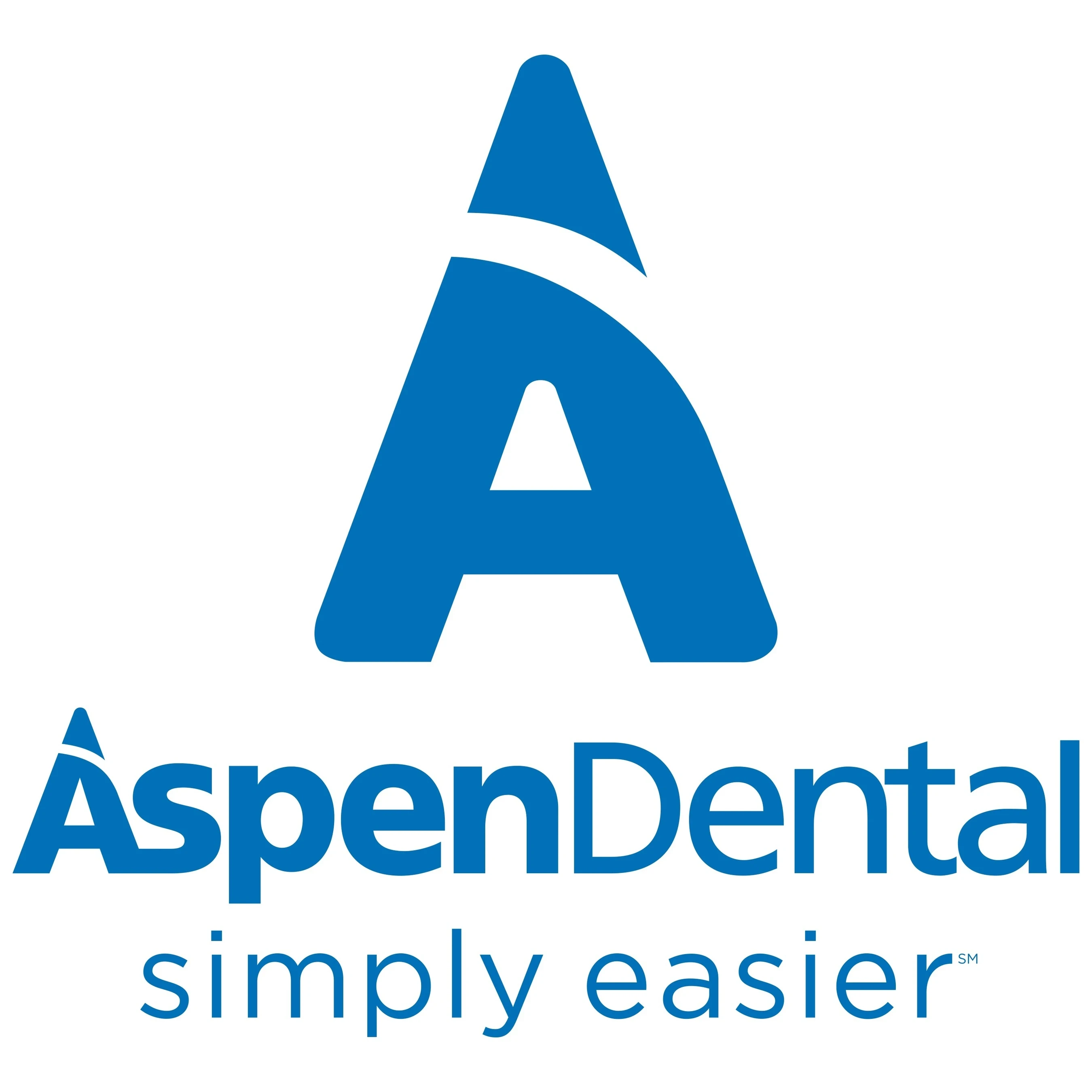 Aspen Dental logo featuring a stylized blue "A" above the brand name and the tagline “simply easier” in lowercase text. Clean, modern branding for the national dental care provider.