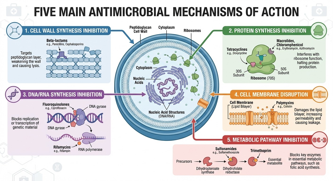 Antimicrobial mechanisms of action diagram for NEET PG pharmacology