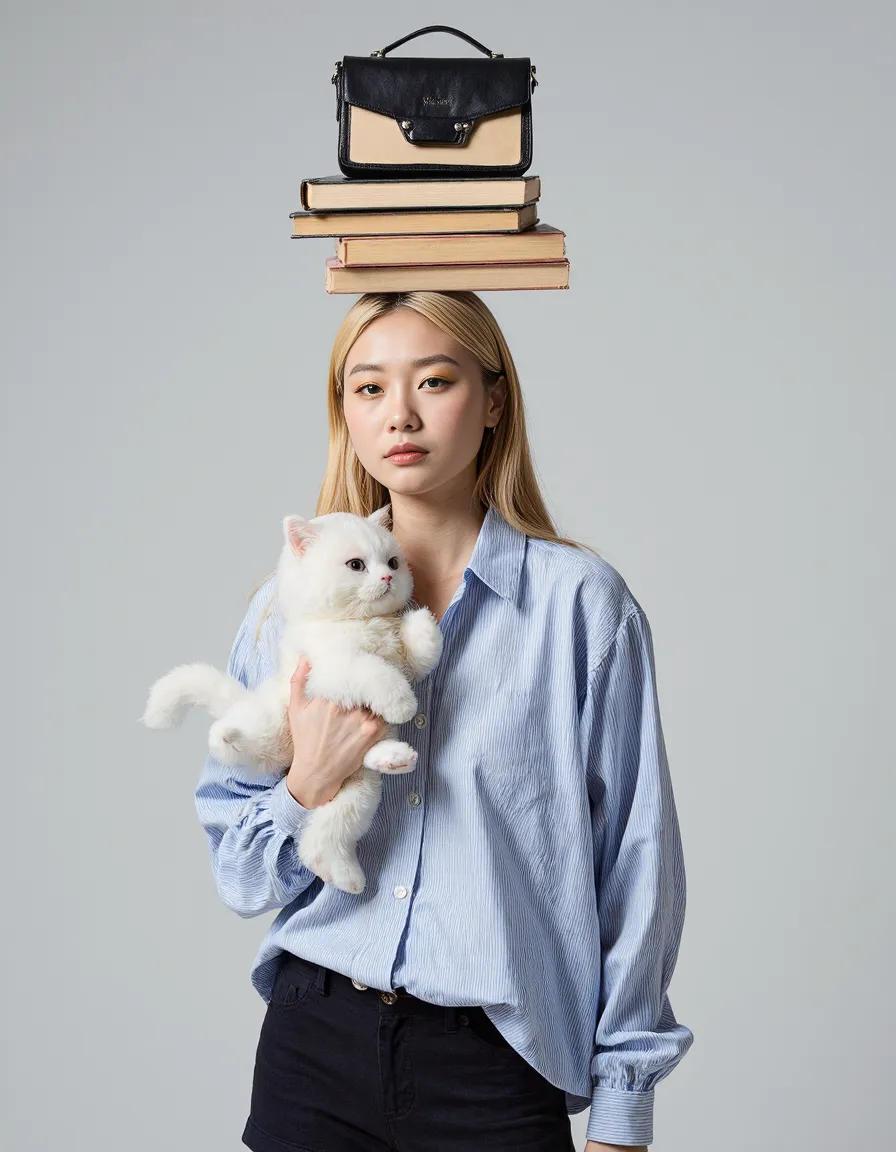 Stylish composition featuring a blue button-up shirt, white cat, stacked vintage books and black leather handbag against minimal gray background