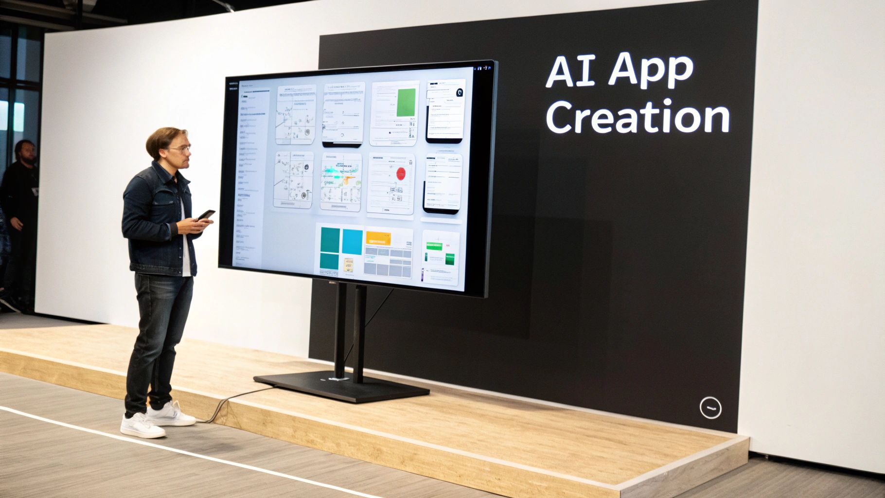 A man in a denim jacket observes a large screen demonstrating an AI app creation platform with various UI components.