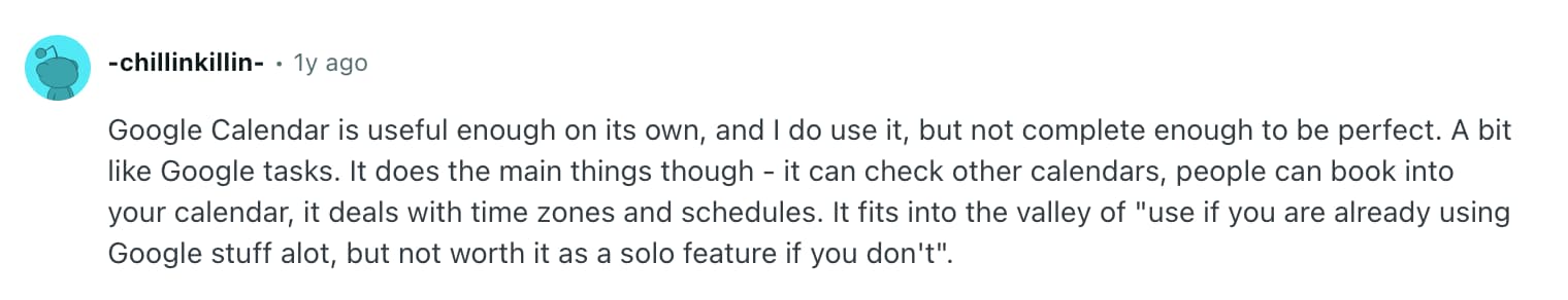 G2 review mentioning Google Appointment Scheduling as a basic scheduler