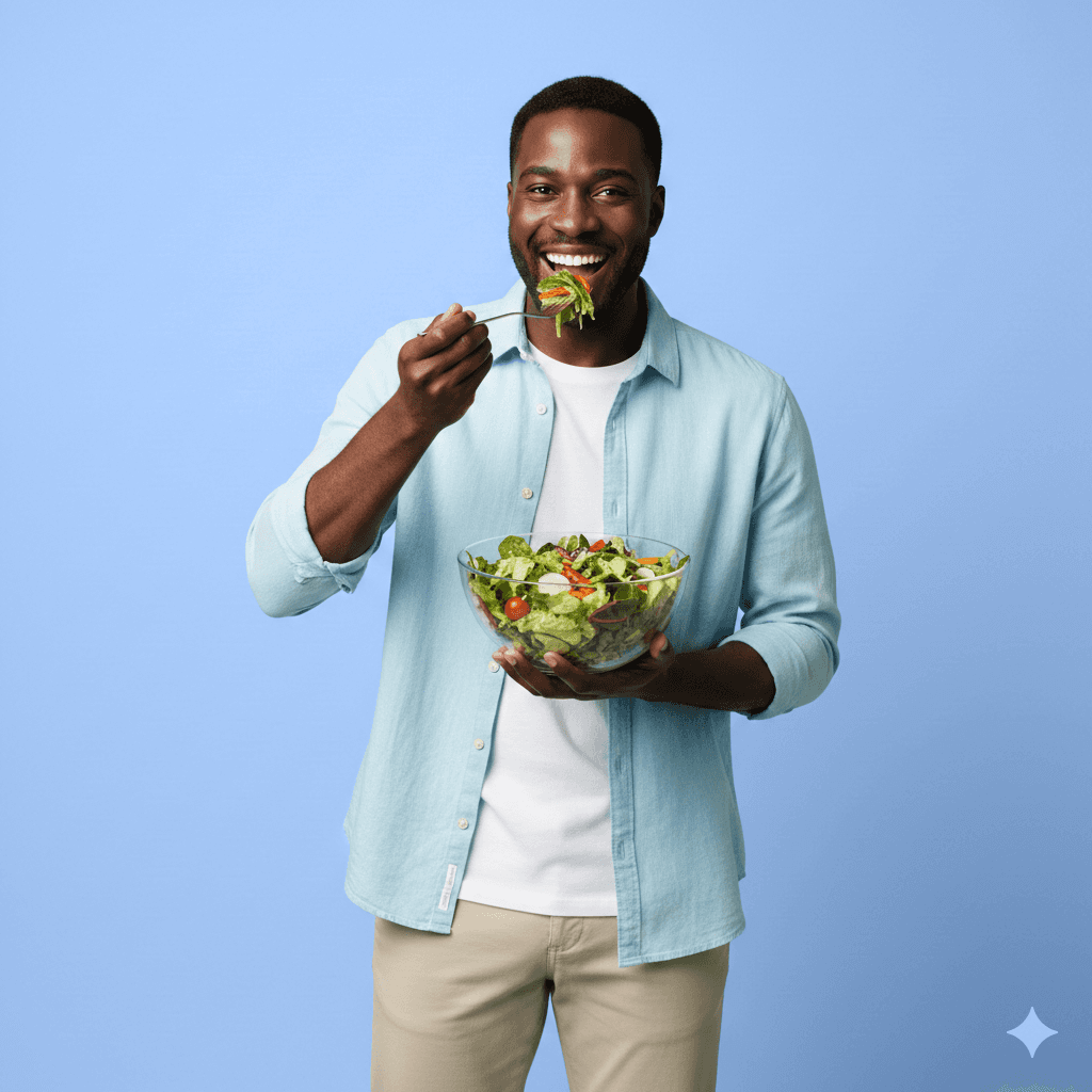 Jeune homme noir dégustant une salade composée colorée, maximisant la diversité végétale pour le défi #boosttonmicrobiote.