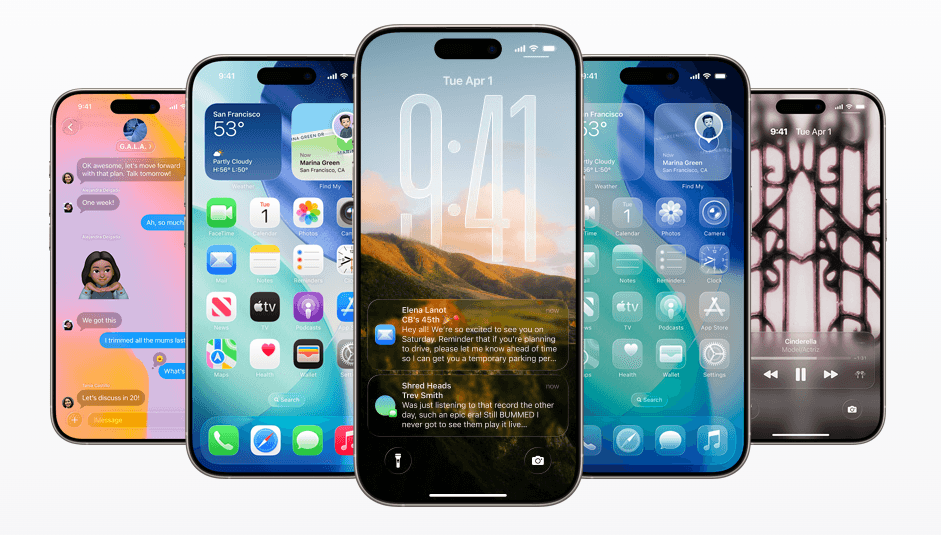 Five iPhones displaying Liquid Glass interface styles with variations in messaging, home screen, lock screen, weather, and music—highlighting translucency, depth effects, and Apple’s new layered UI design language.