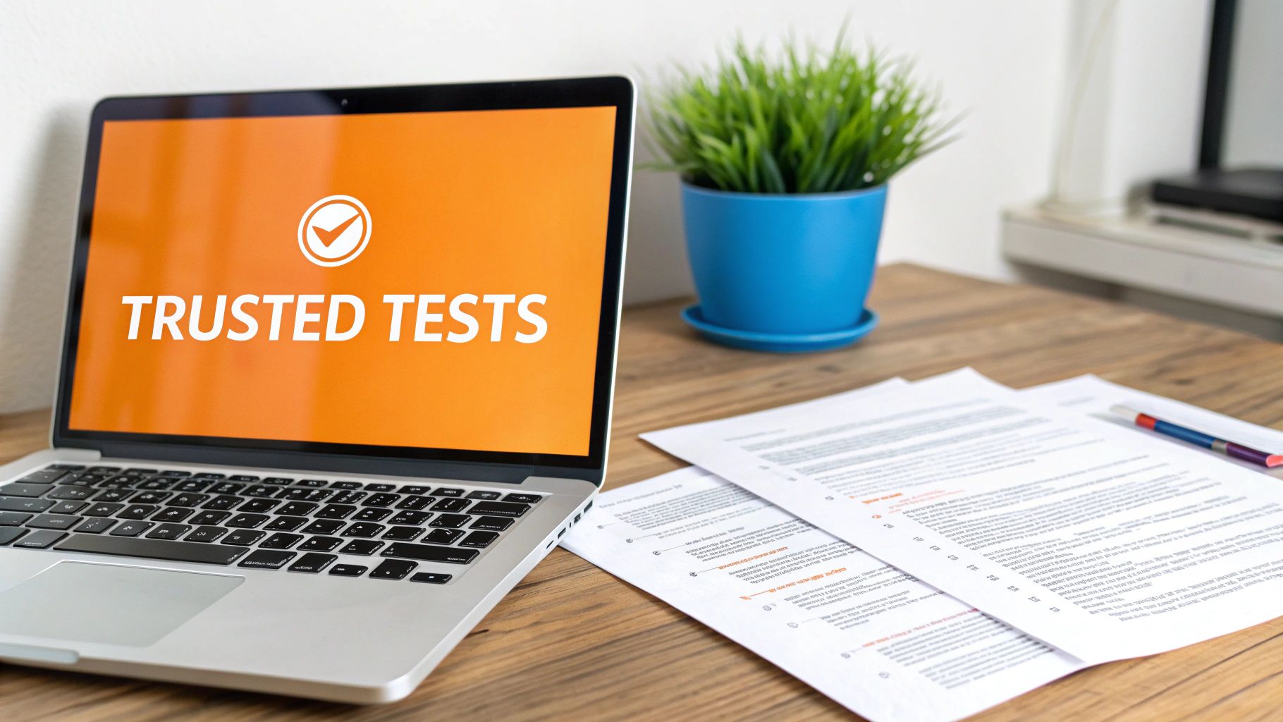 A laptop shows 'TRUSTED TESTS' with a checkmark logo, on a wooden desk with papers and a potted plant.