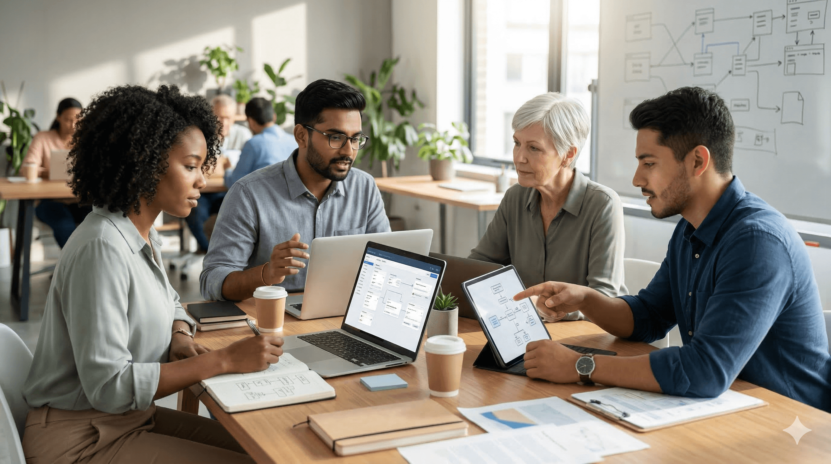 A diverse group of professionals collaborates around a table with laptops and tablets, discussing strategies and digital tools, suitable for marketing agencies aiming to optimize their 2026 stack.