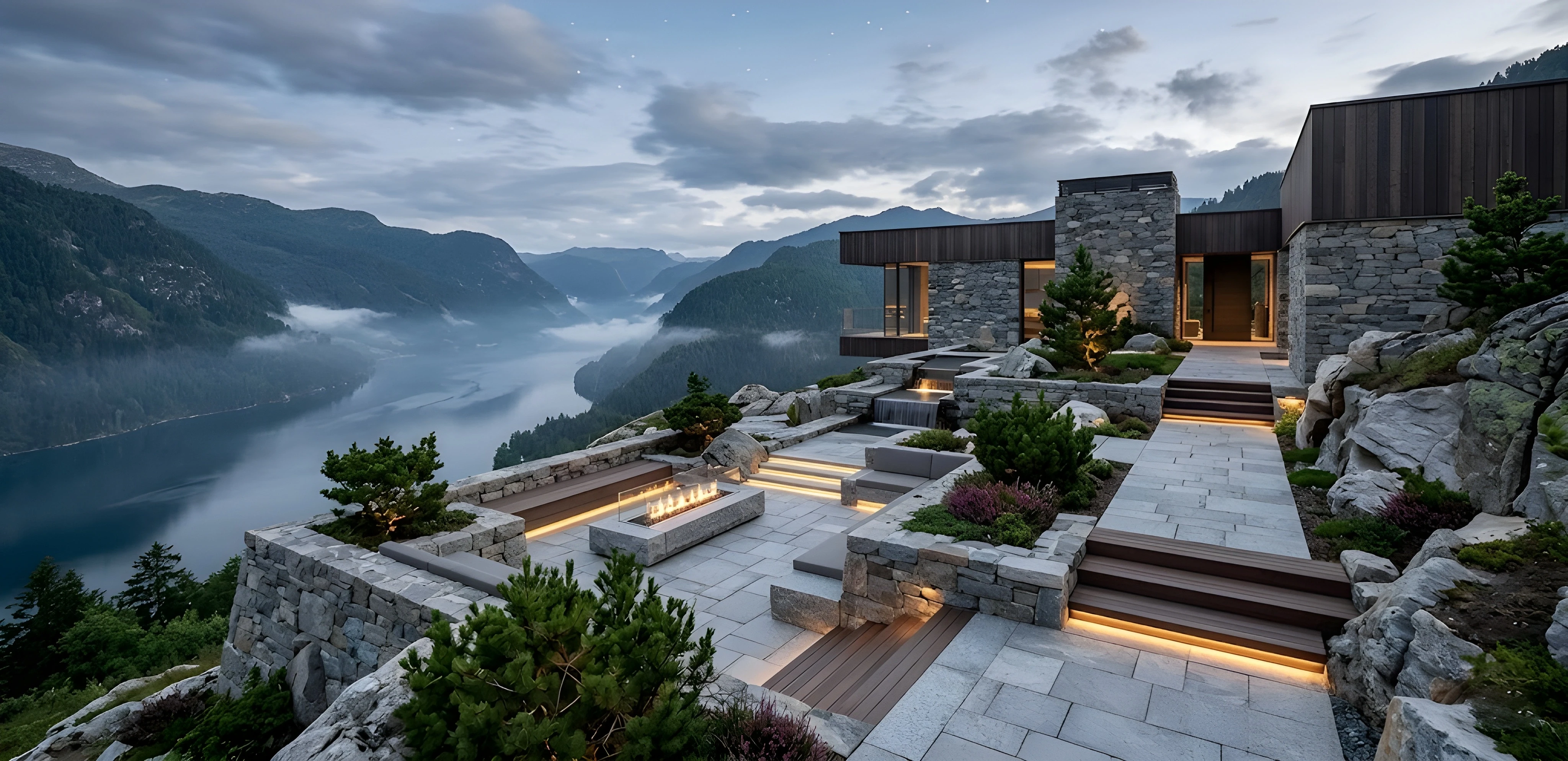 A dramatic, high-angle view of a multi-tiered stone terrace built on a cliffside overlooking a massive fjord surrounded by misty mountains. The modern stone and wood building features walkways and steps accented with hidden warm linear lighting, alongside minimalist green shrubs and an elongated outdoor gas fire pit.