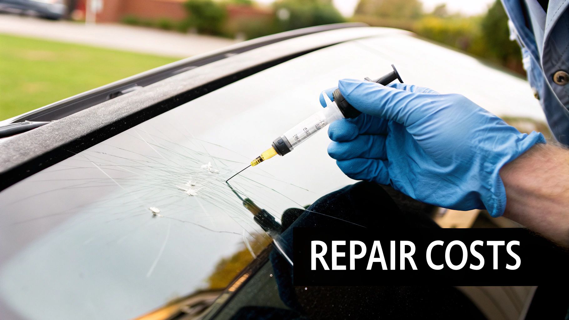 Close-up of a person in a blue glove repairing a cracked car windshield with a syringe.