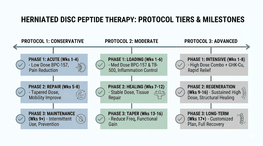 Peptide protocol timeline for herniated disc recovery showing three dosing tiers