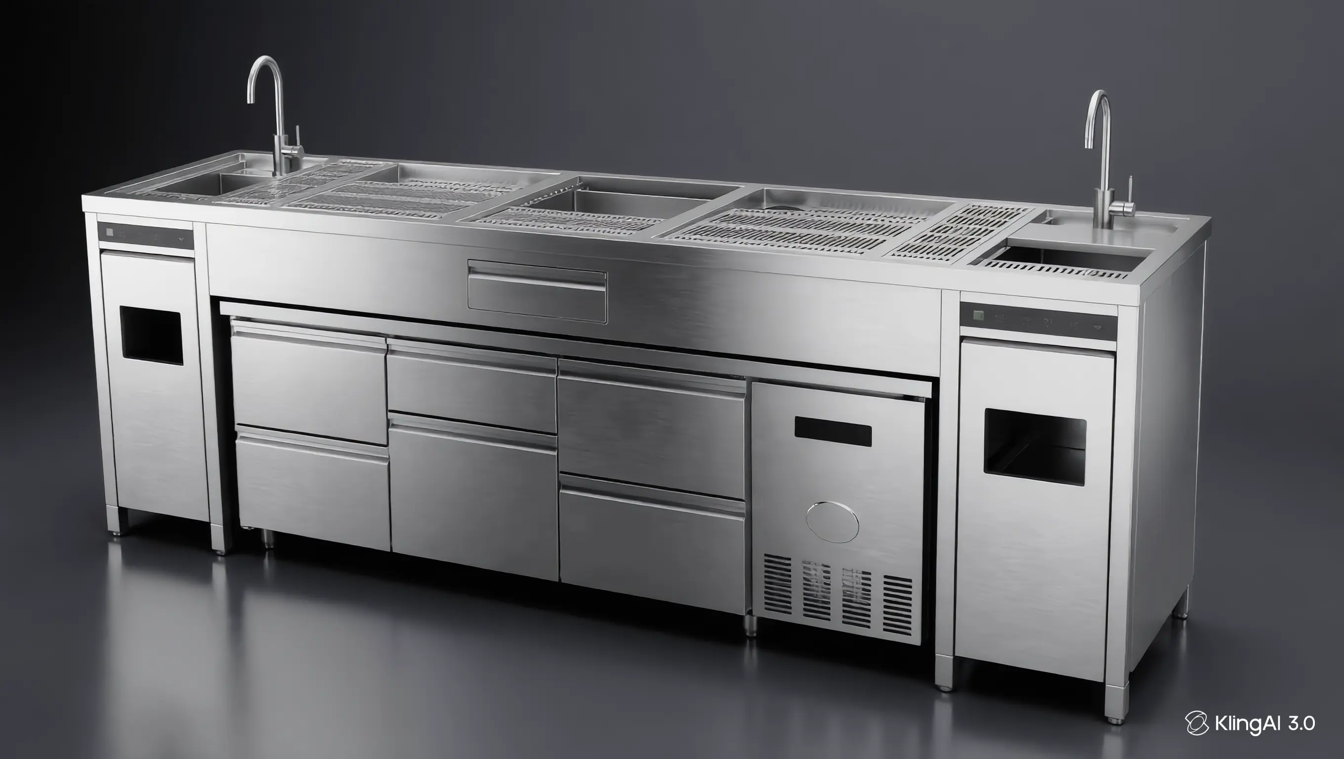 AISI 304 professional bar equipment layout with dual sinks and built-in refrigeration modules