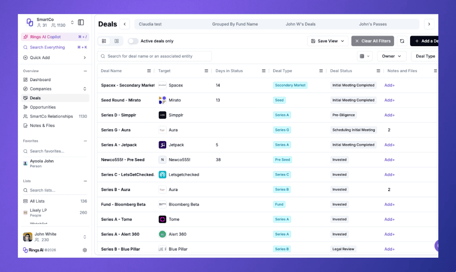 A complete view of deals across statuses, without forcing linear progression.