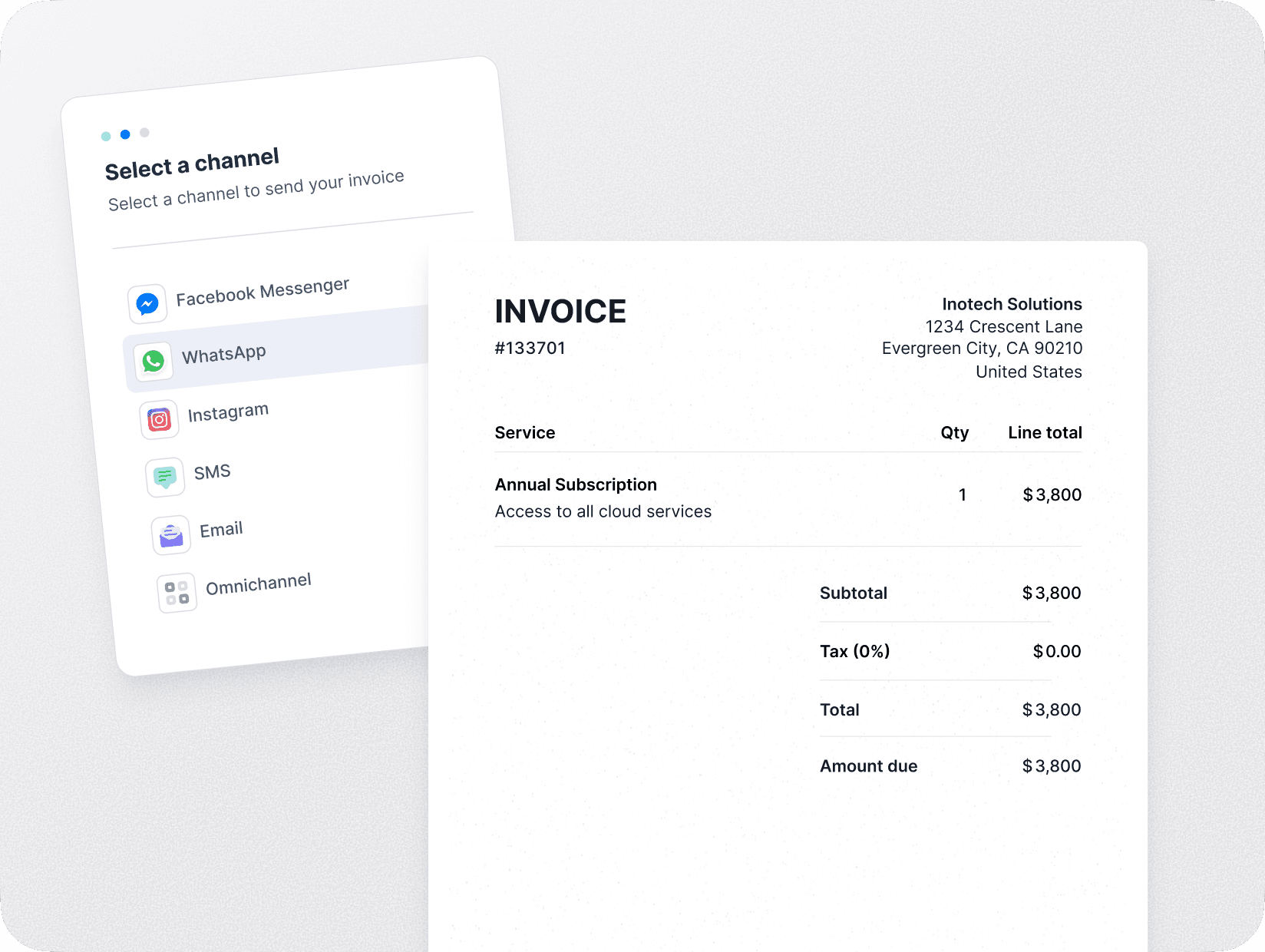 Invoice for an annual cloud services subscription alongside a channel selection menu offering various options like Facebook Messenger, WhatsApp, Instagram, SMS, and Email for sending the invoice.