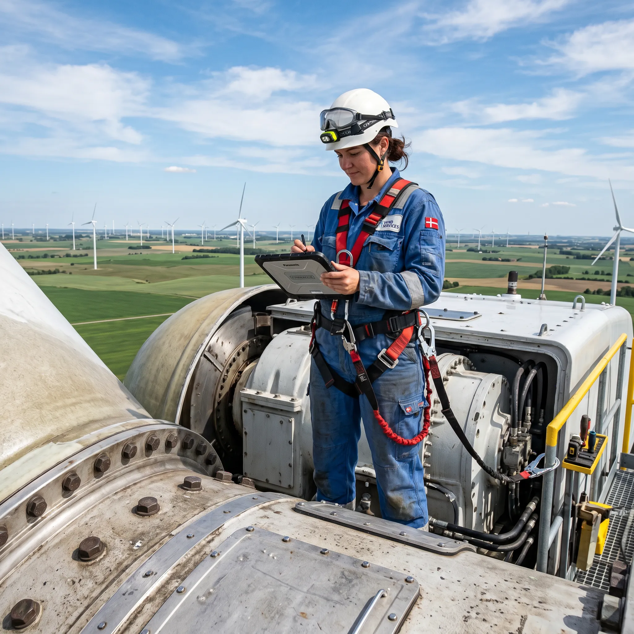 A worker in a hard hat and reflective vest checks a smartphone and tablet near solar panels in a field.