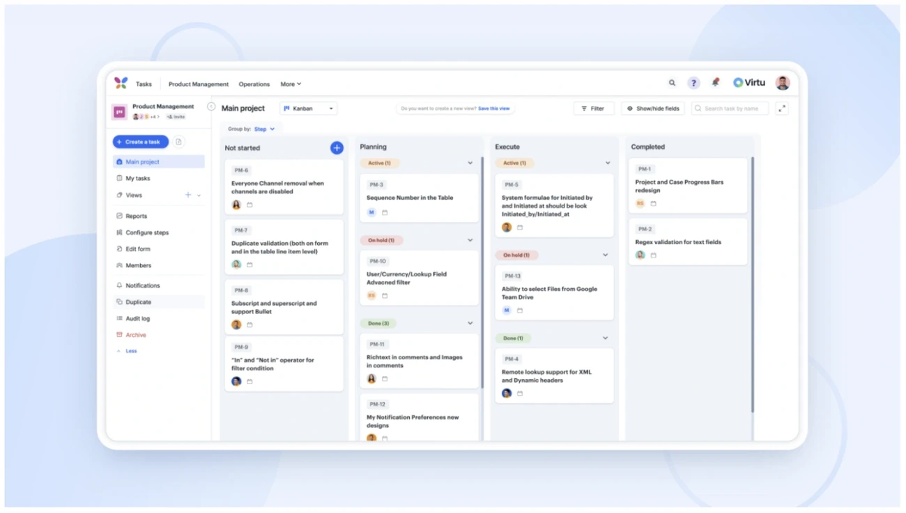 Kanban project management dashboard showing tasks organized by status including not started, planning, execute, and completed.