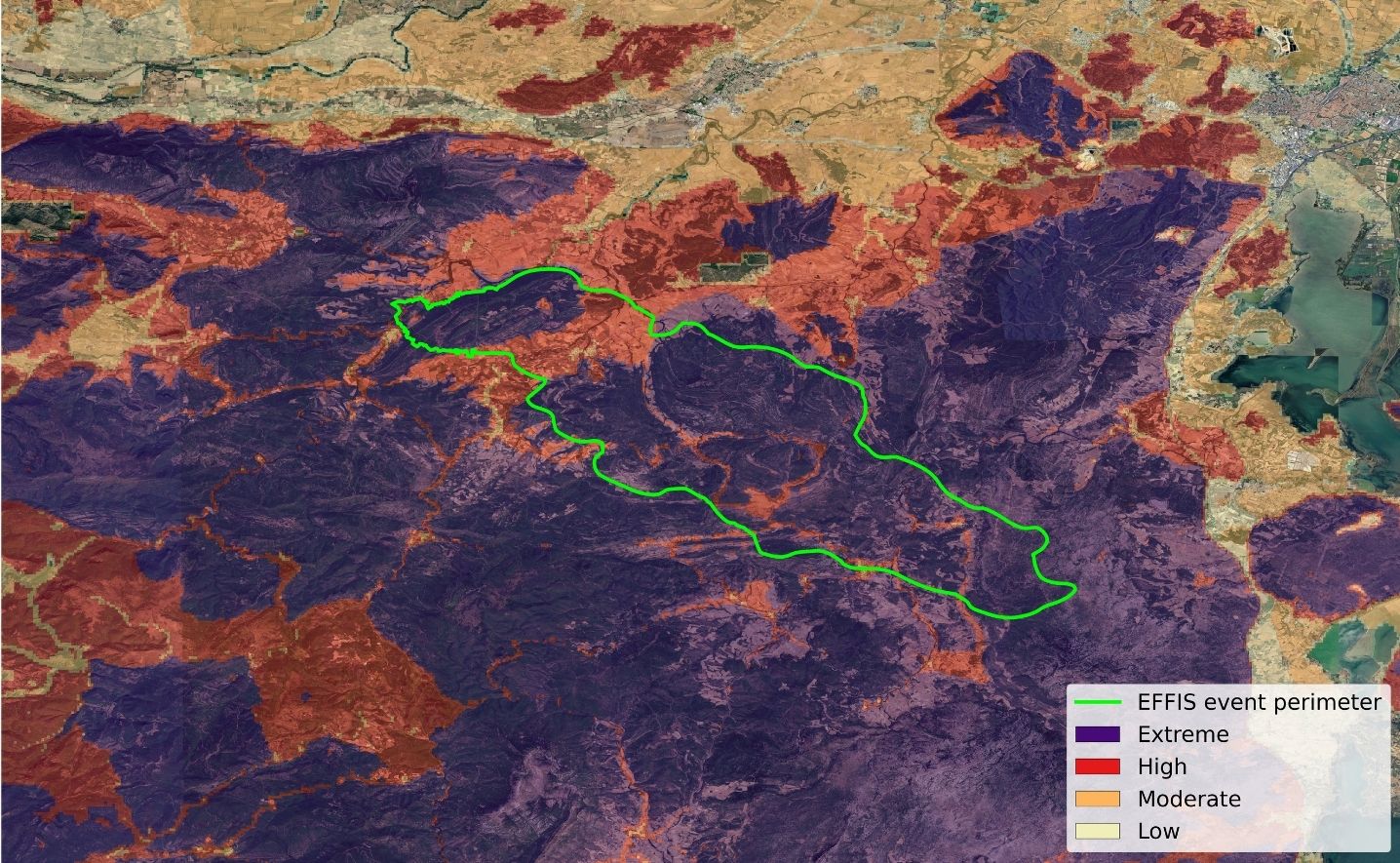 Reask European Wildfire model hazard index map of the 2025 Aude fire, southern France, with the EFFIS event perimeter overlaid on predominantly Extreme and High risk zones