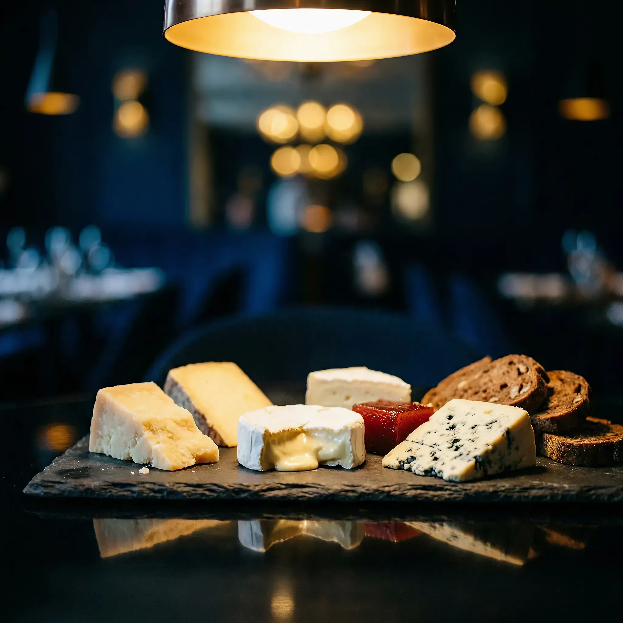 A dimly lit restaurant setting with an elegant cheese platter under a warm light. Various cheeses and bread slices are arranged on a slate board.
