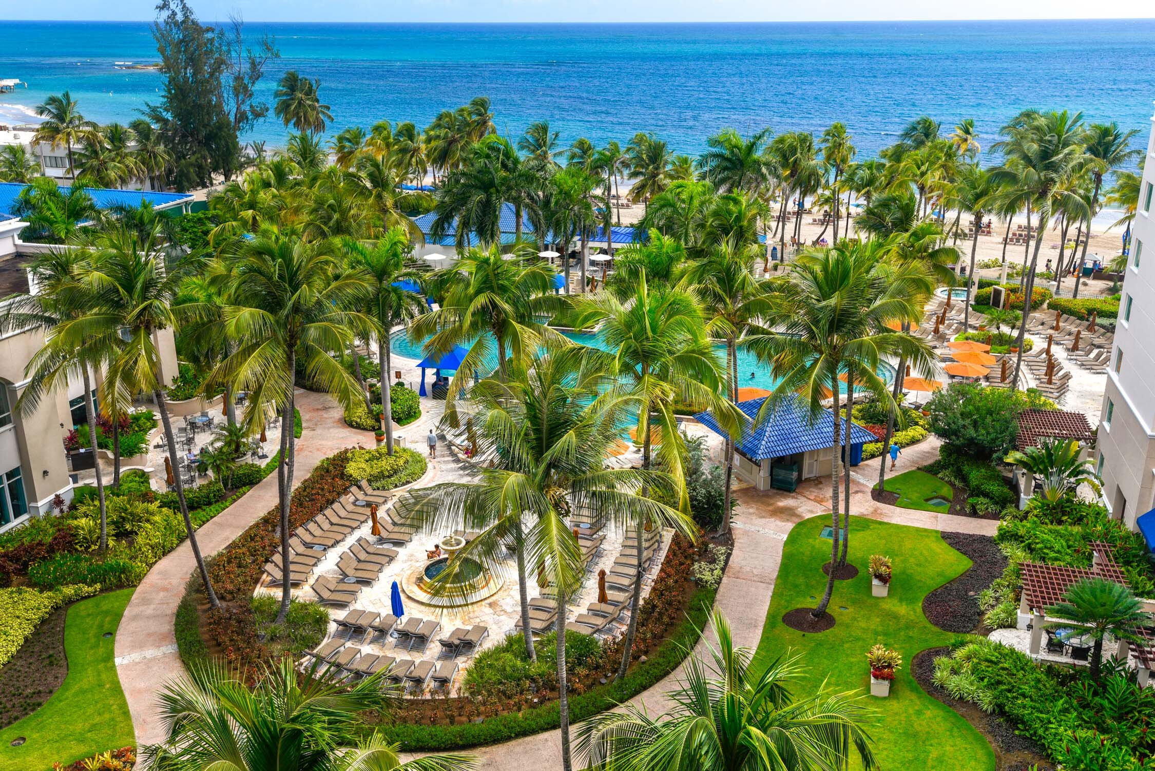 A tropical resort with palm trees, a turquoise ocean, and a central fountain surrounded by lounge chairs and paths.