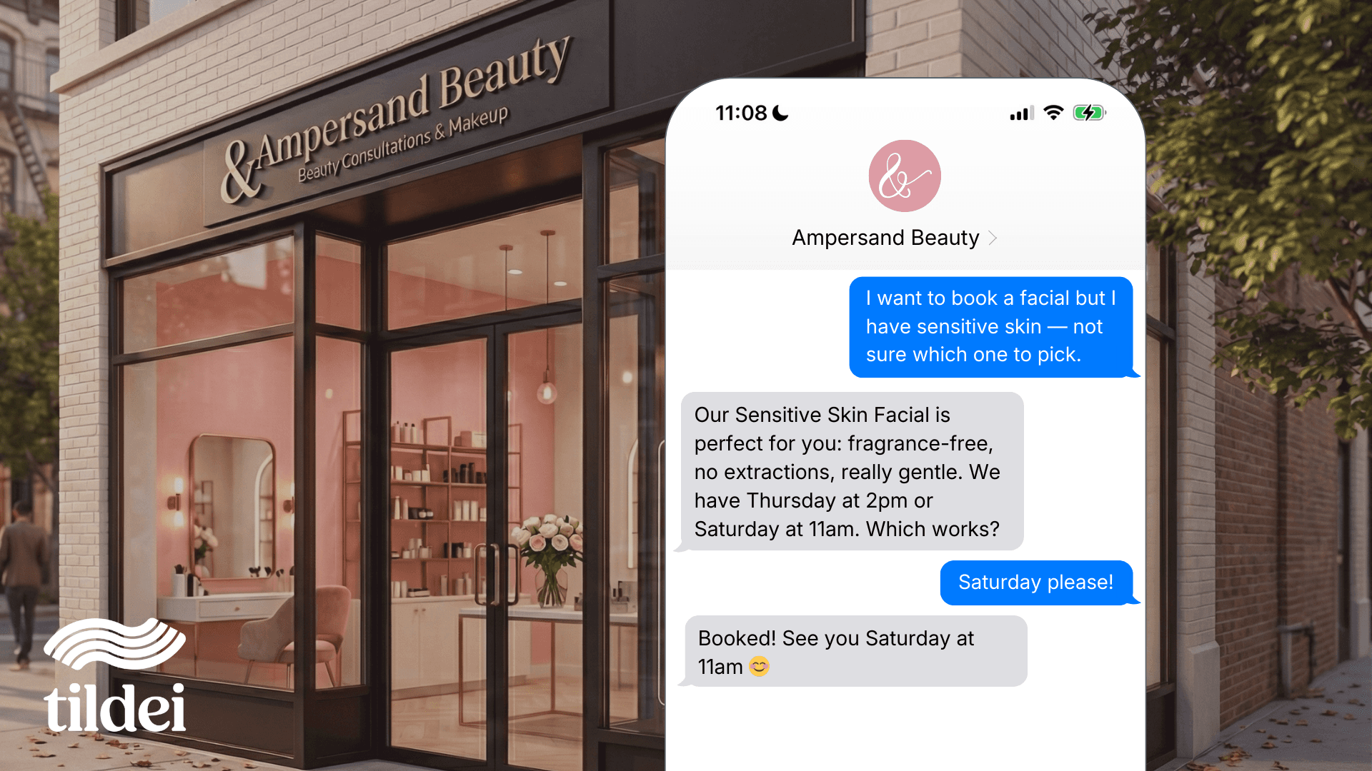 A storefront of a beauty business called Ampersand Beauty, it has floral themes and pink color tones on a picturesque city street. There is a message on the right on a phone where a customer books an appointment for 11am to get a sensitive skin facial.