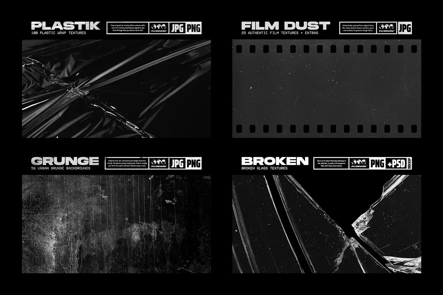 Plastic wrap and film dust textures with scratches, grain and analog film effects