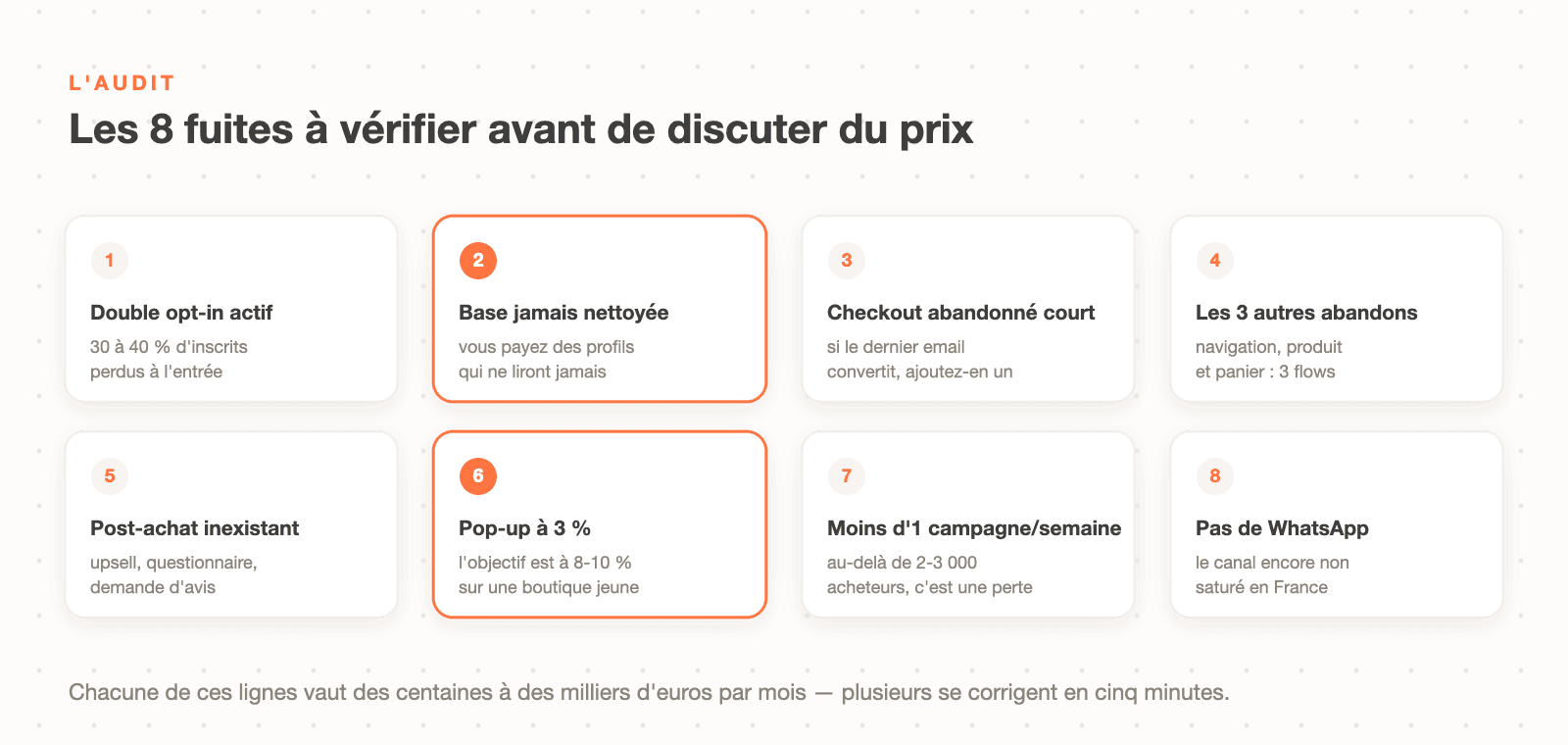 Les 8 fuites d'argent à vérifier dans un compte Klaviyo : double opt-in, base non nettoyée, flows d'abandon, post-achat, pop-up, campagnes et WhatsApp