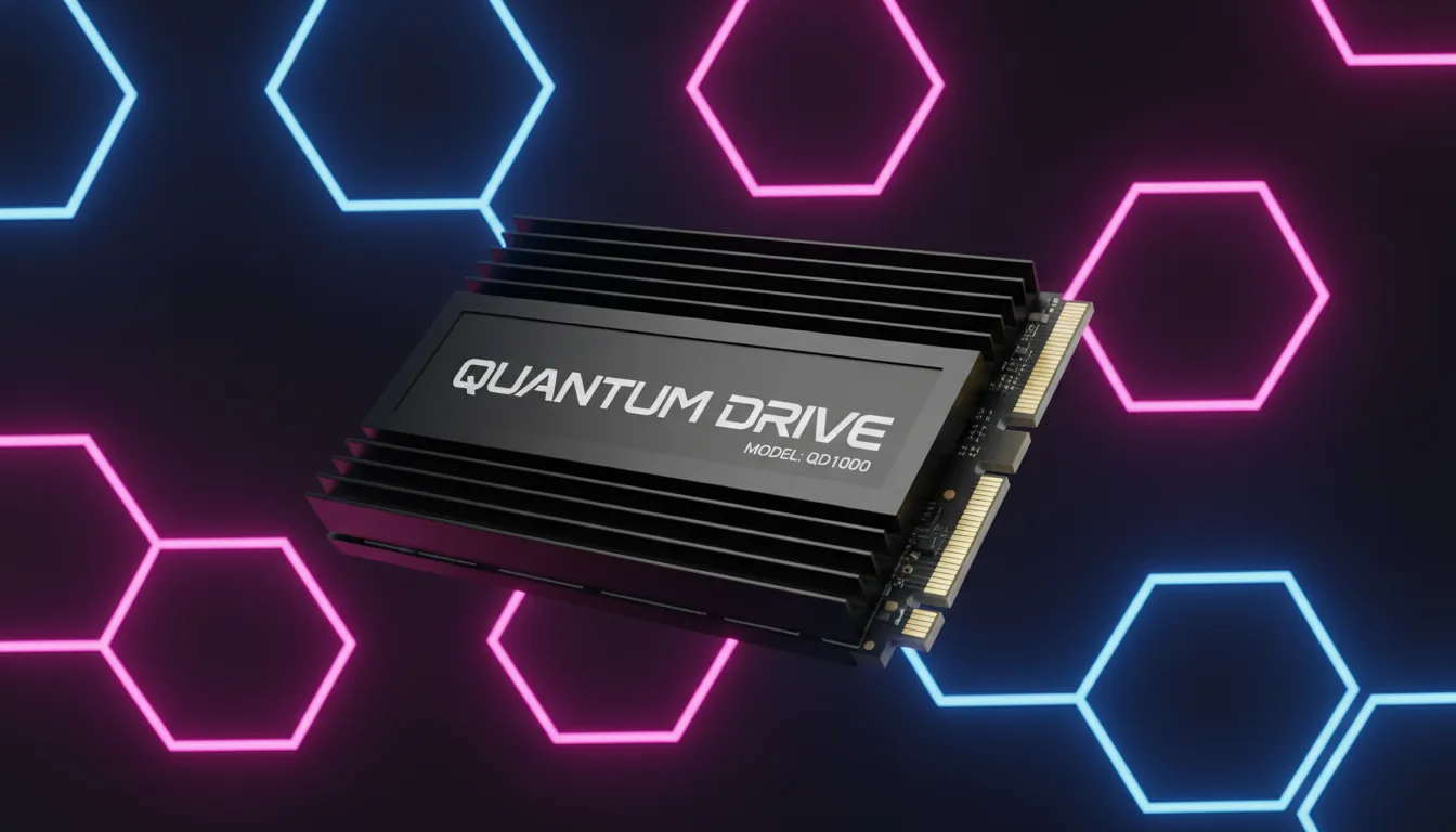 3D render of a high-performance NVMe M.2 SSD, featuring a matte black heatsink with abstracted white text for the brand and model number. The SSD is floating horizontally, angled slightly towards the camera, with its gold-plated connectors visible on the right. The background is a studio backdrop with an abstract pattern of glowing hexagonal neon lines in vibrant magenta and electric blue. The scene is lit with soft global illumination, creating a sleek, futuristic, and high-tech product shot.