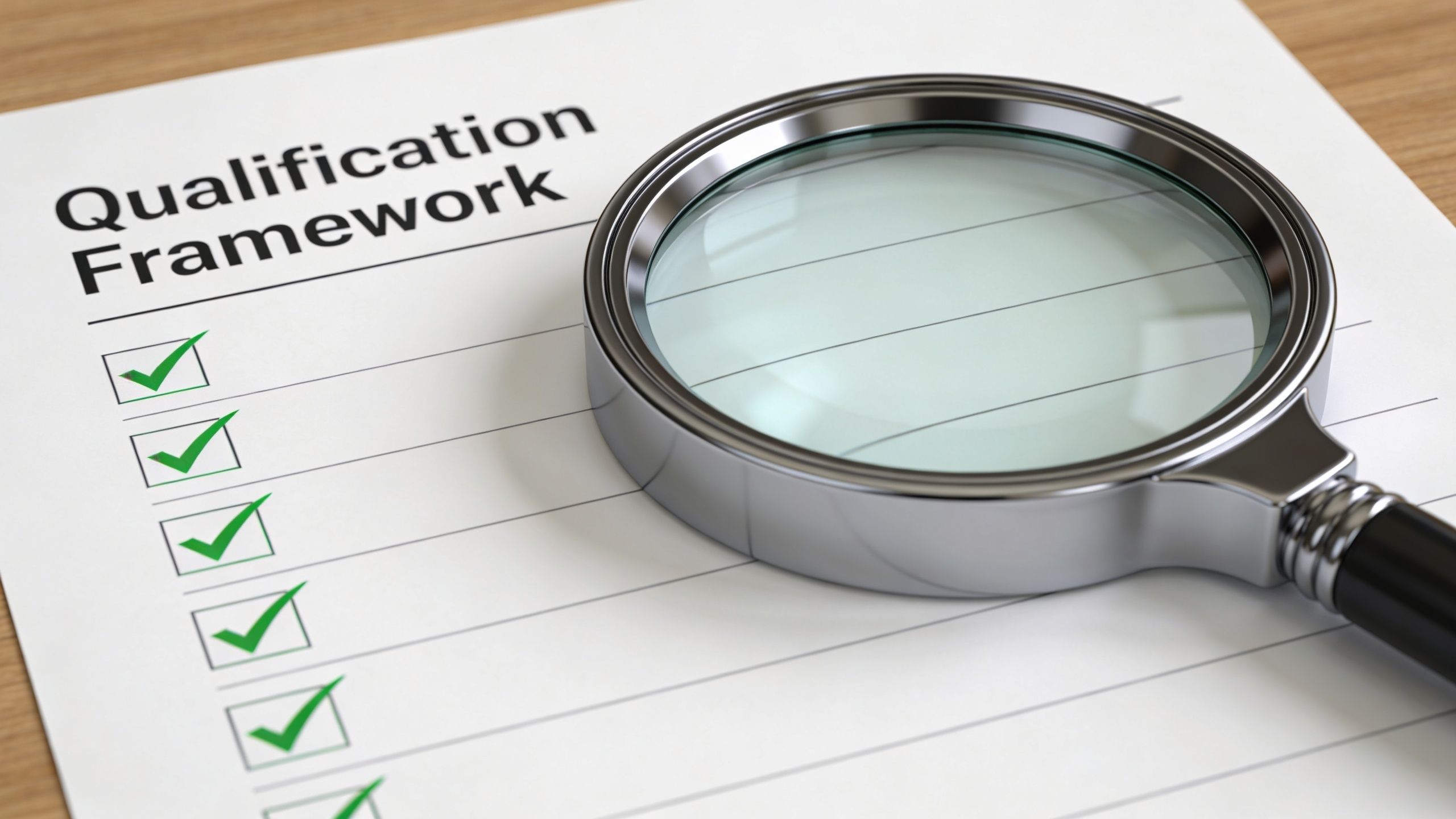 A magnifying glass resting on a checklist with green checkmarks on a qualification framework document.