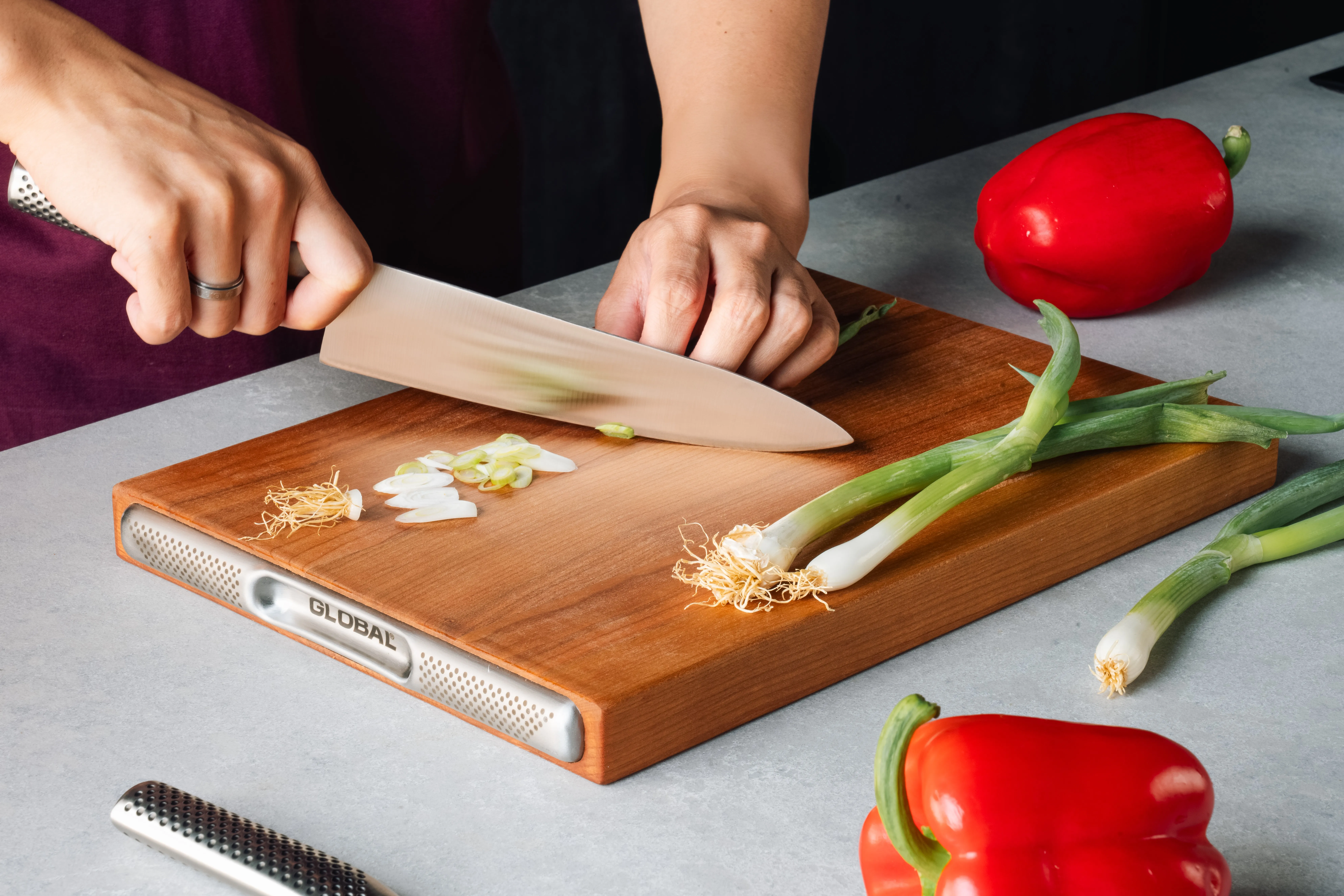 Redesigned GLOBAL cherry wood chopping board with premium materials and refined product construction