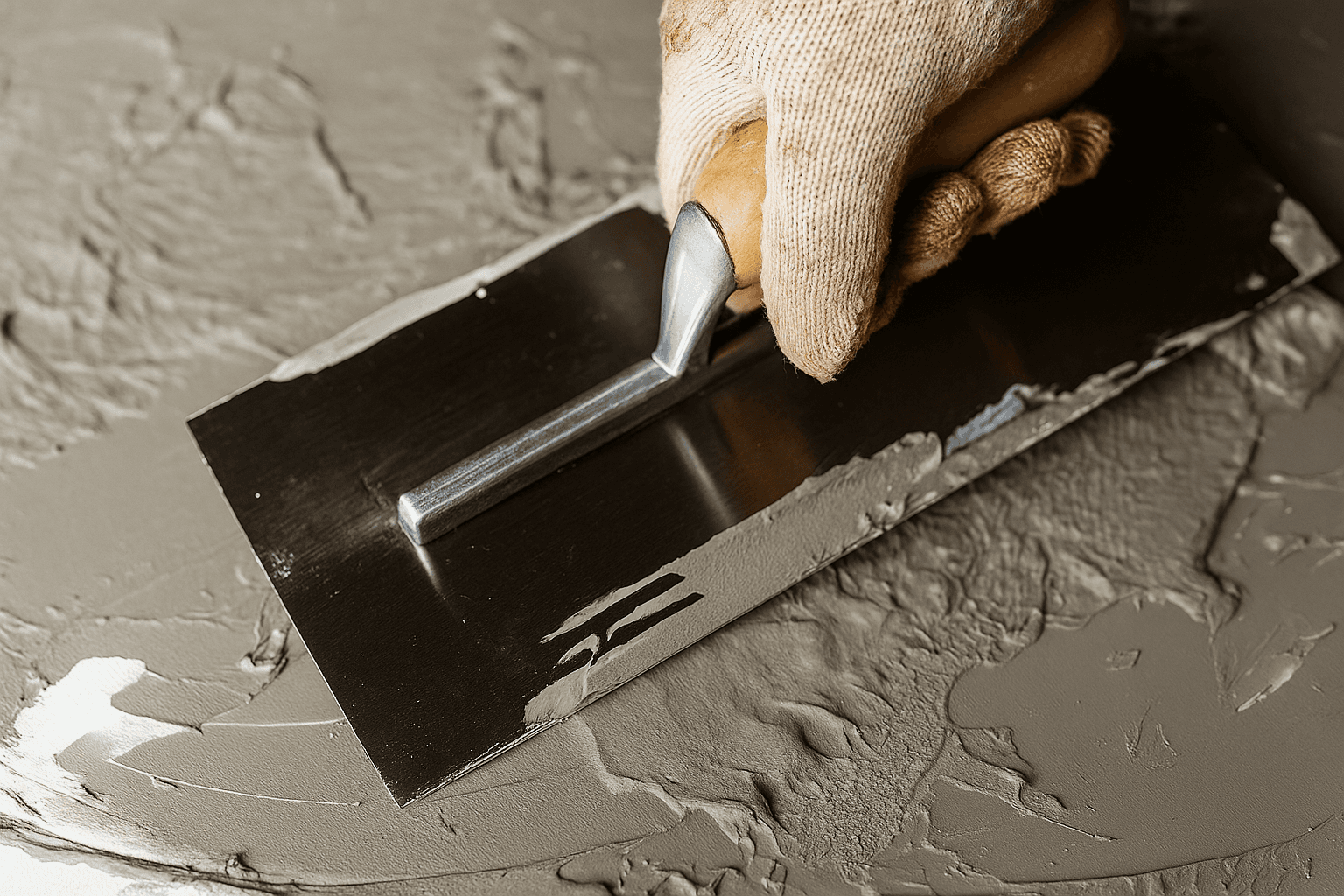 Une main gantée lisse le ciment humide à l'aide d'une truelle métallique. La scène capture un moment de concentration artisanale, mettant l'accent sur la texture et la précision.