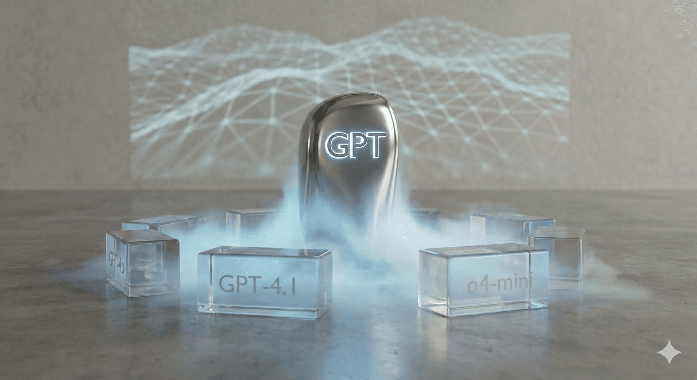 The image features a futuristic display with a central, sleek metallic object labeled "GPT," surrounded by semi-transparent blocks labeled "GPT-4.1" and "o4-min,” all enveloped in a soft mist, against a digital network background.