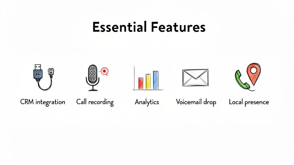Illustration of essential call features including CRM integration, call recording, analytics, voicemail drop, and local presence.