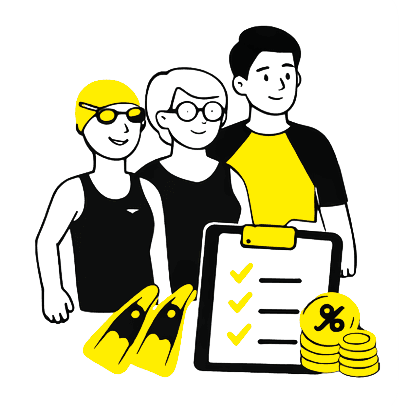 Illustration: Drei Personen mit Schwimmutensilien und Prozent-Symbol – Mitgliedervorteil ‚vergünstigte Kurse & Angebote‘ beim Schwimmverein Ludwigsburg 08.