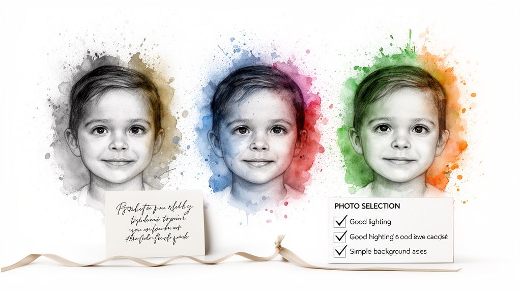 Three watercolor sketch portraits of a smiling young boy with colorful splashes, next to photo selection tips.