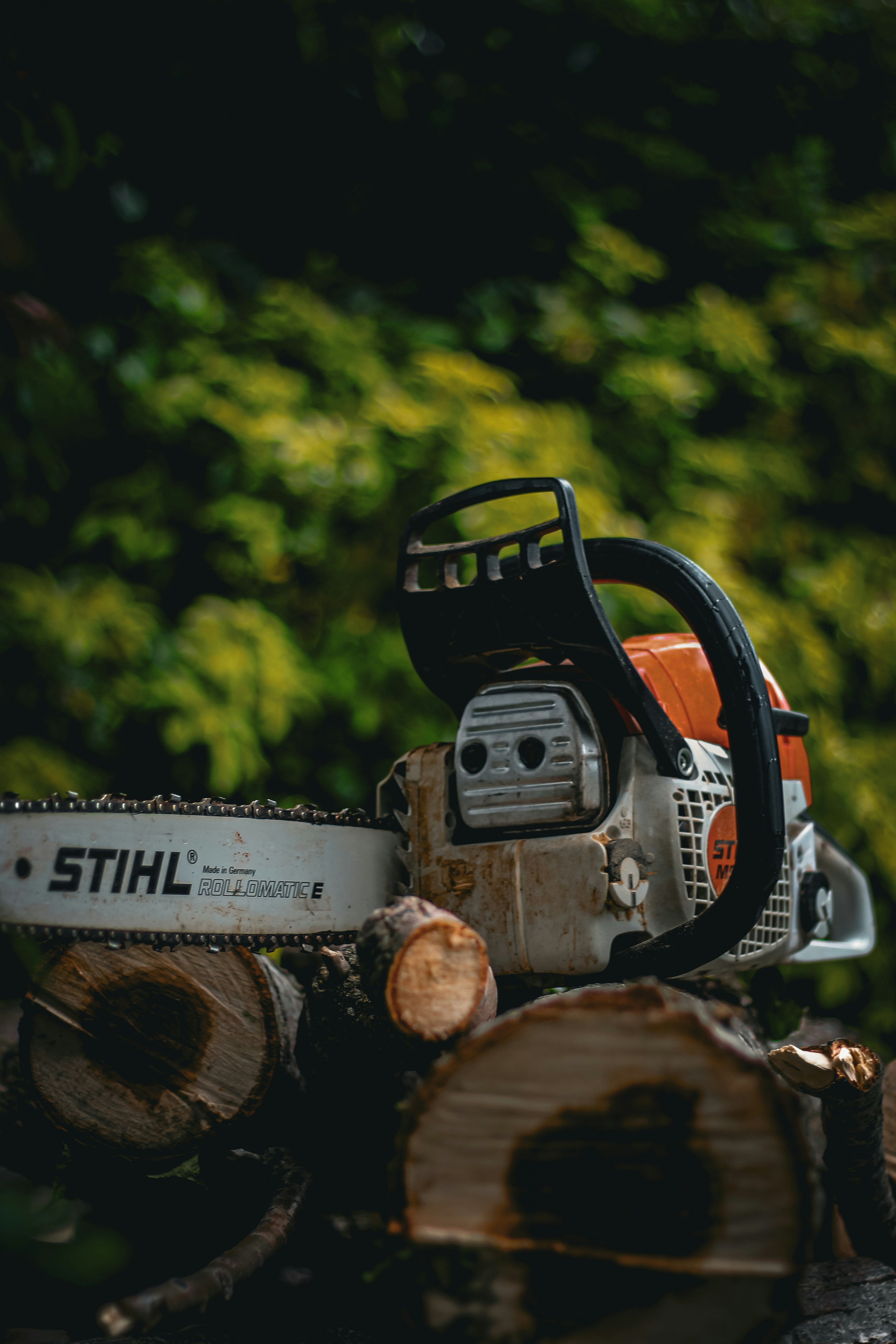 a chainsaw sitting on top of a pile of logs