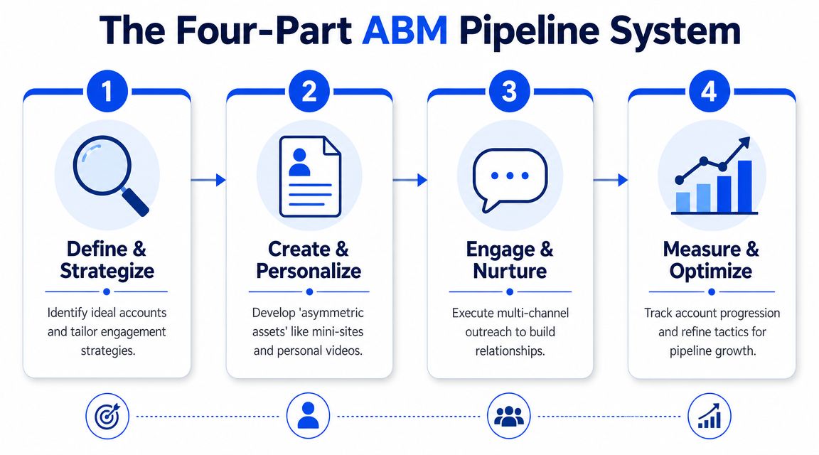 A four-step ABM pipeline system chart illustrating strategy, content creation, engagement, and performance measurement for marketing.