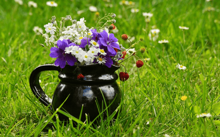 AI generated product image with a jug and flowers on a grass lawn