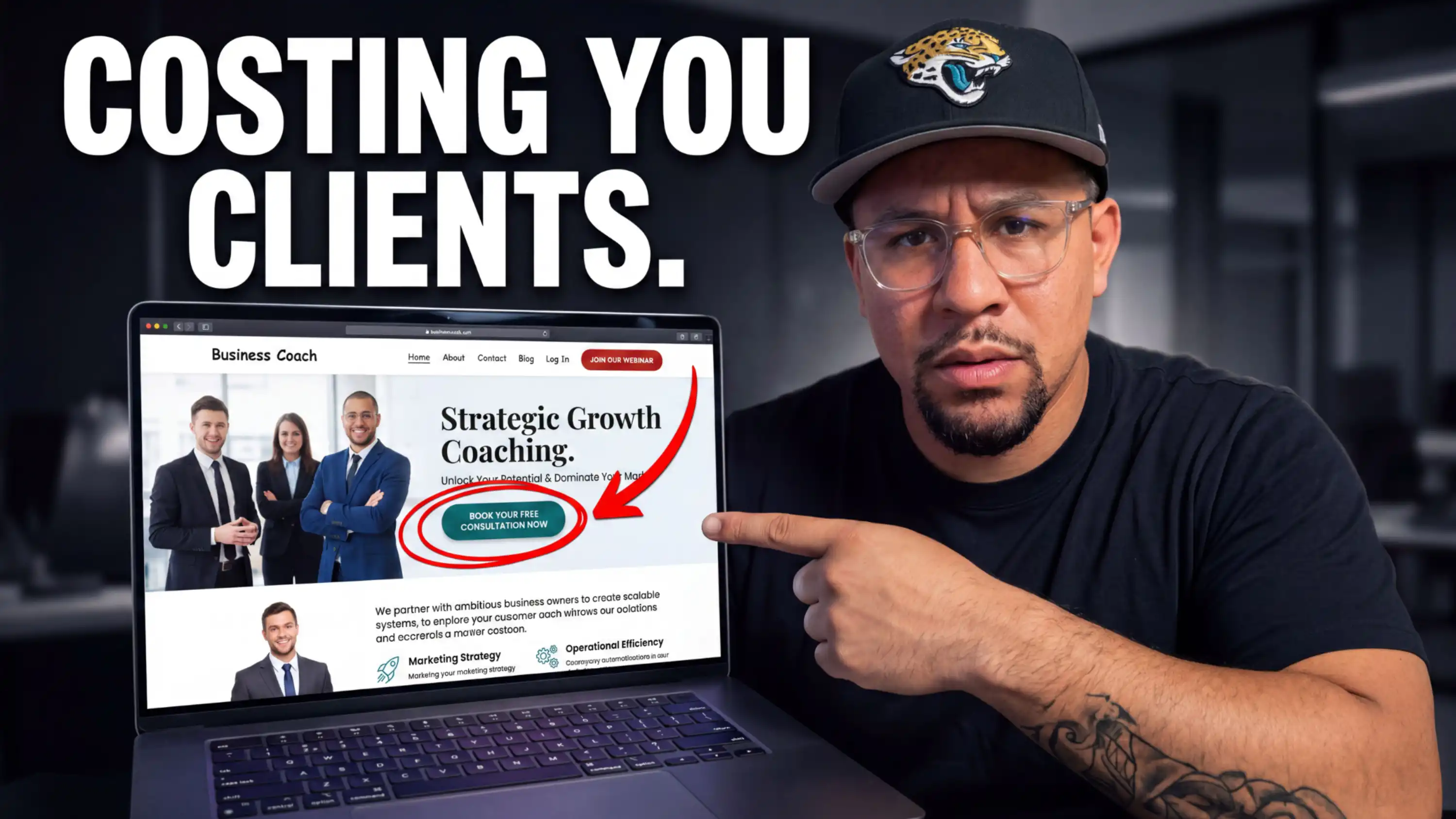web designer pointing at business coach website