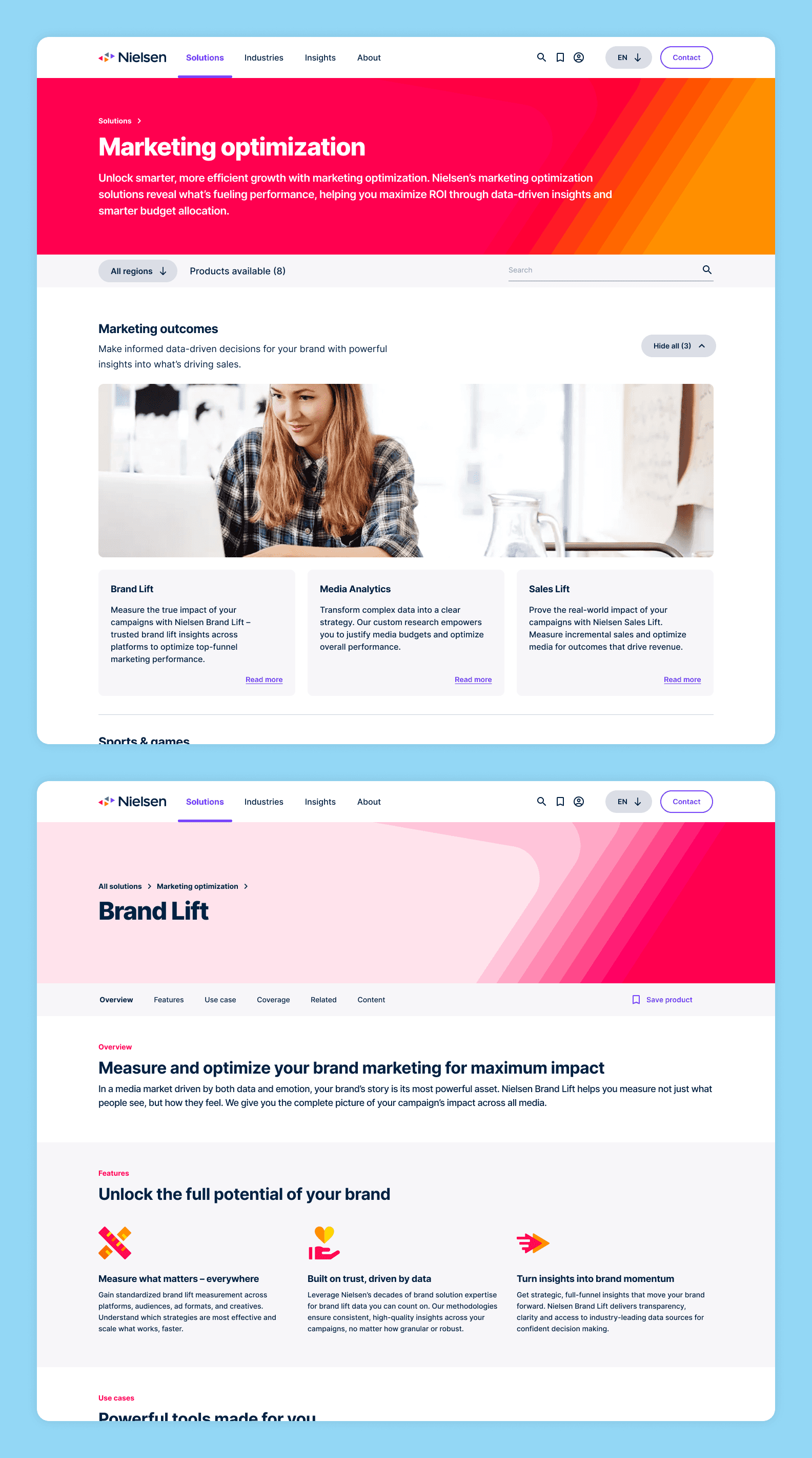 Part of the Nielsen solution categry page showing a pink to orange branded hero and part of a product page with pink and orange colour scheme