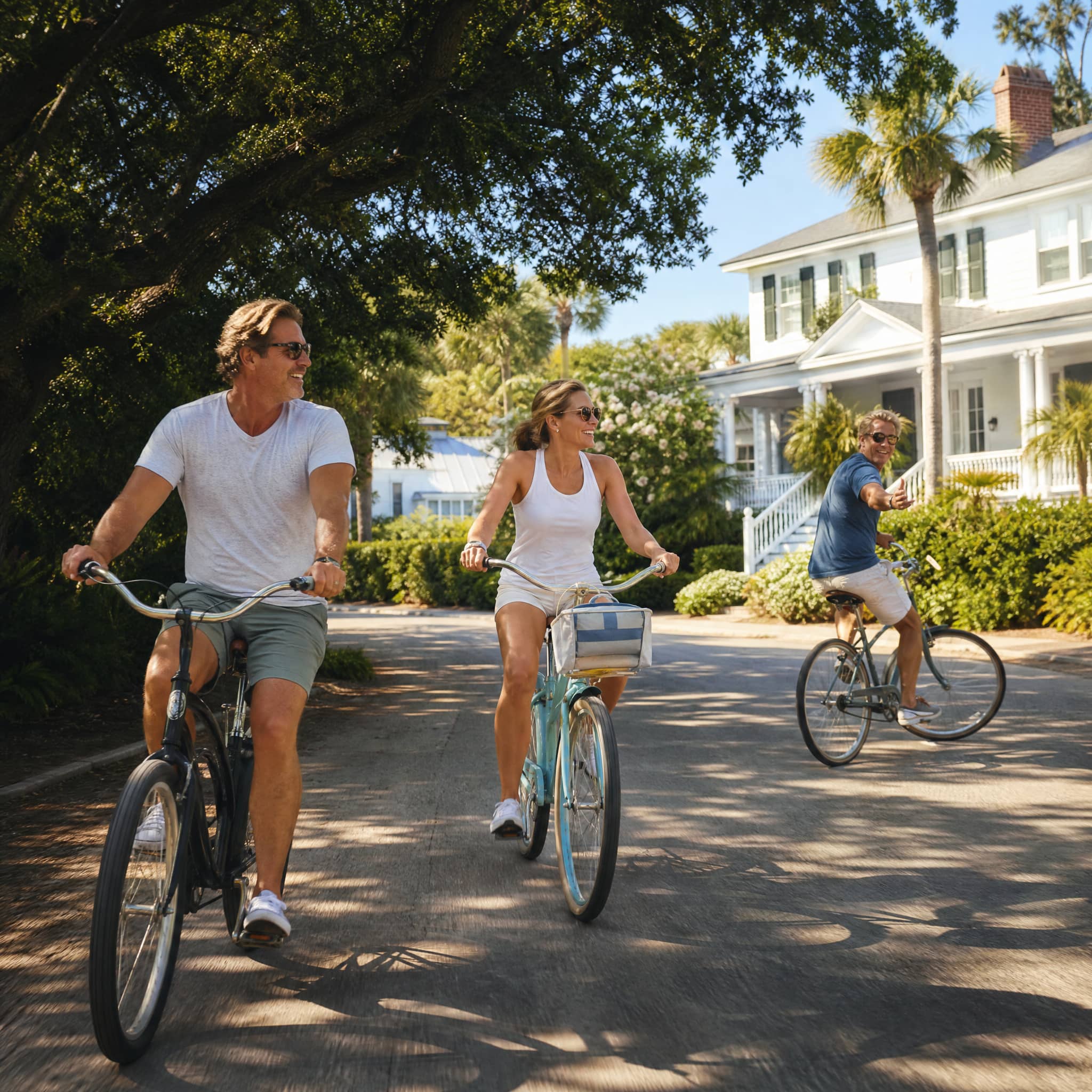 Active adults biking through a Charleston, SC neighborhood with live oaks and historic homes — representing the energy and vitality peptide therapy patients at Hero Health & Hormone work to maintain