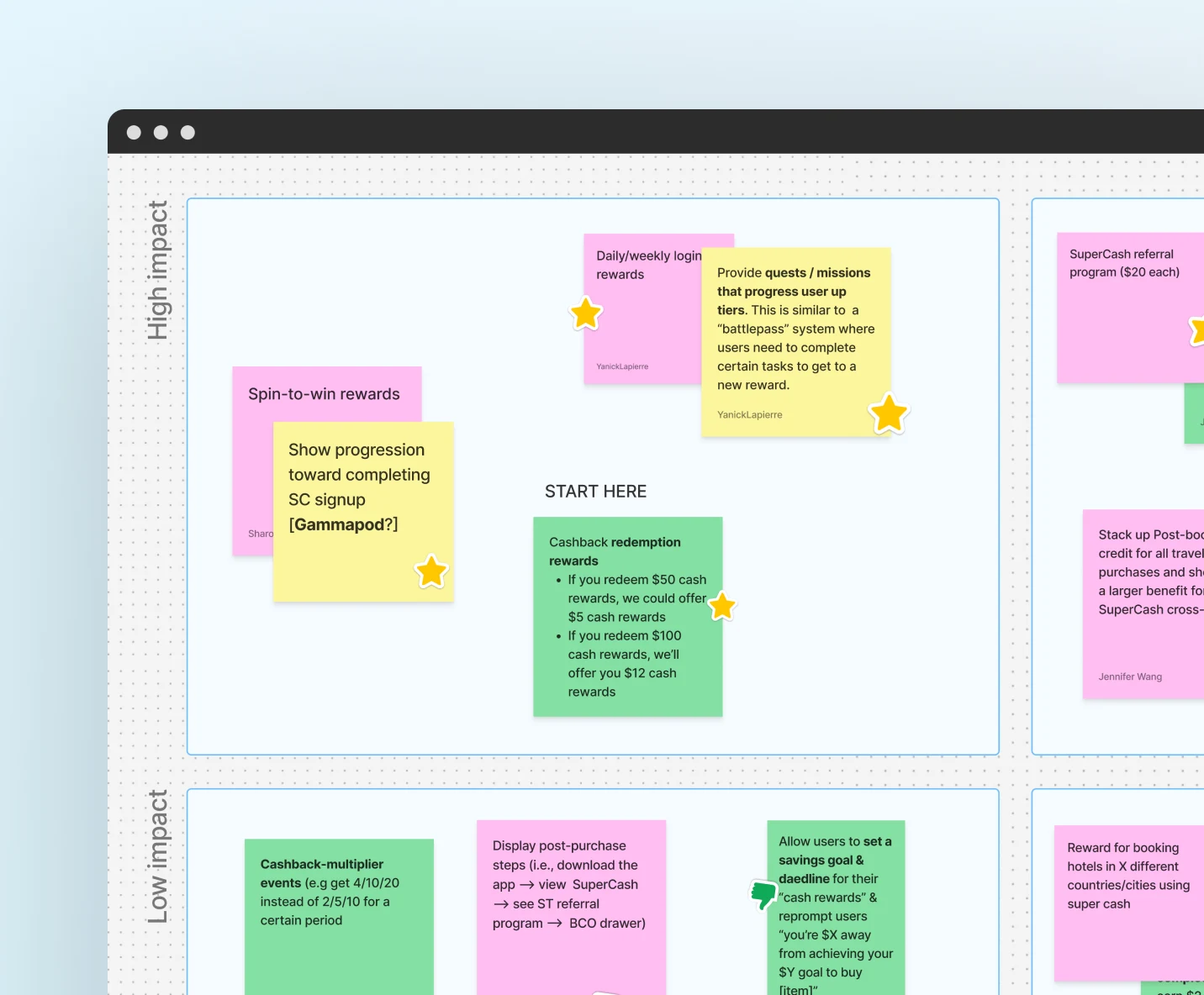UX workshop board showing sticky notes grouped by impact, highlighting ideas like quests and missions to improve Super.com’s reward system and boost user progression clarity.