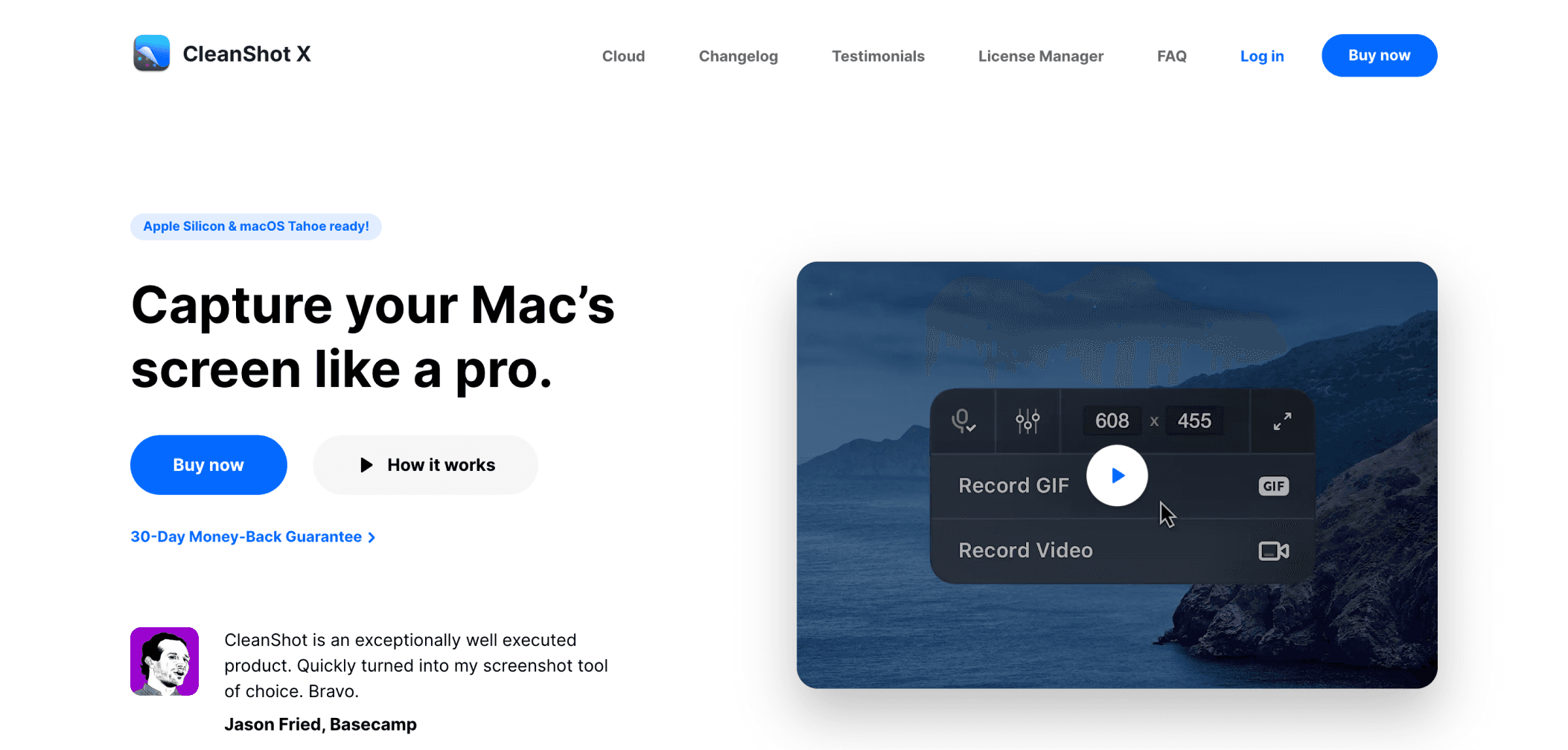 CleanShot X website homepage showing the tagline “Capture your Mac’s screen like a pro” with buttons for “Buy now” and “How it works,” alongside a screenshot preview of the app interface.