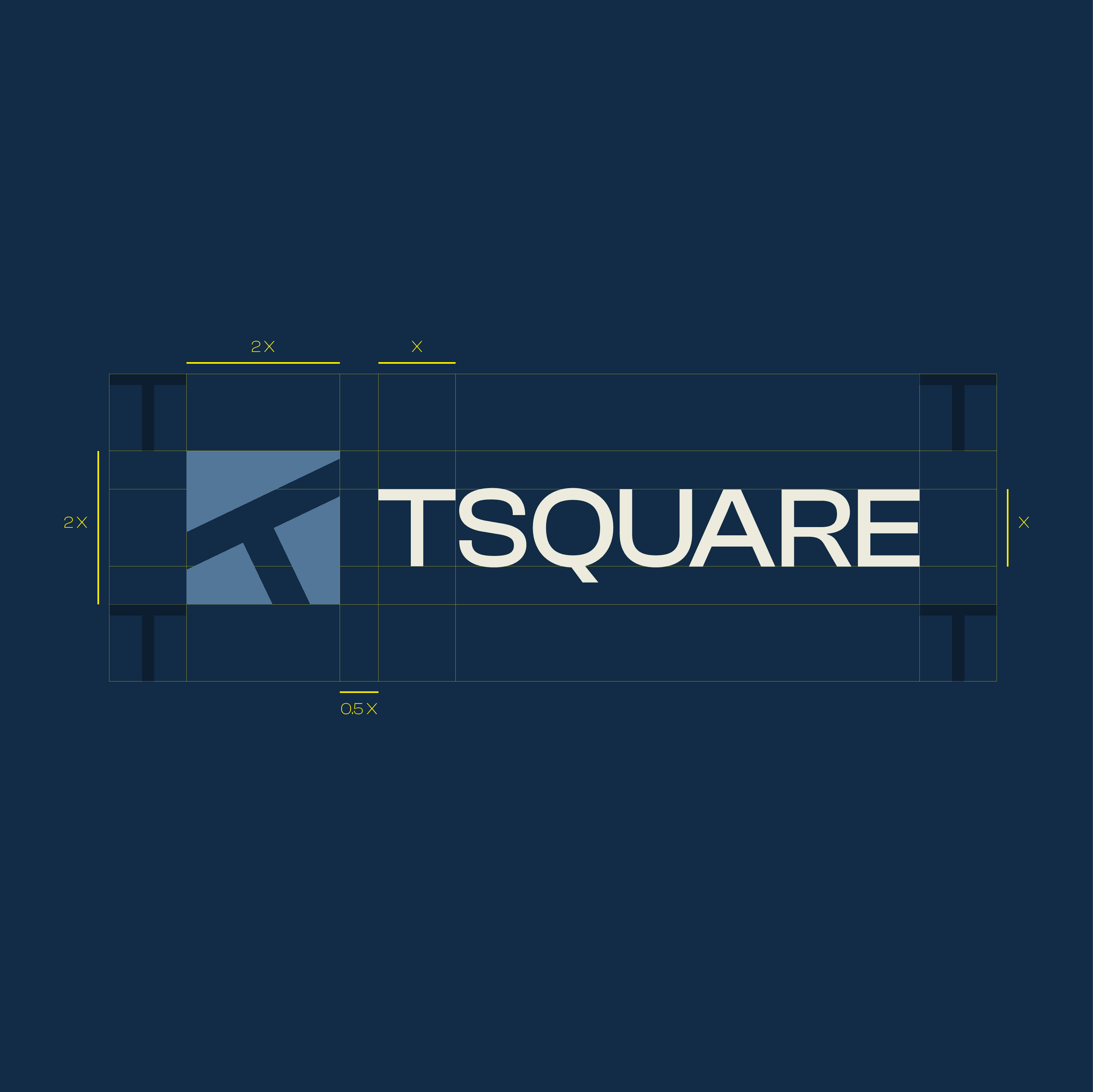 Modern geometric corporate logo design and brand identity blueprint for TSQUARE showcasing technical layout lines and minimalist vector graphics on a dark navy blue background.